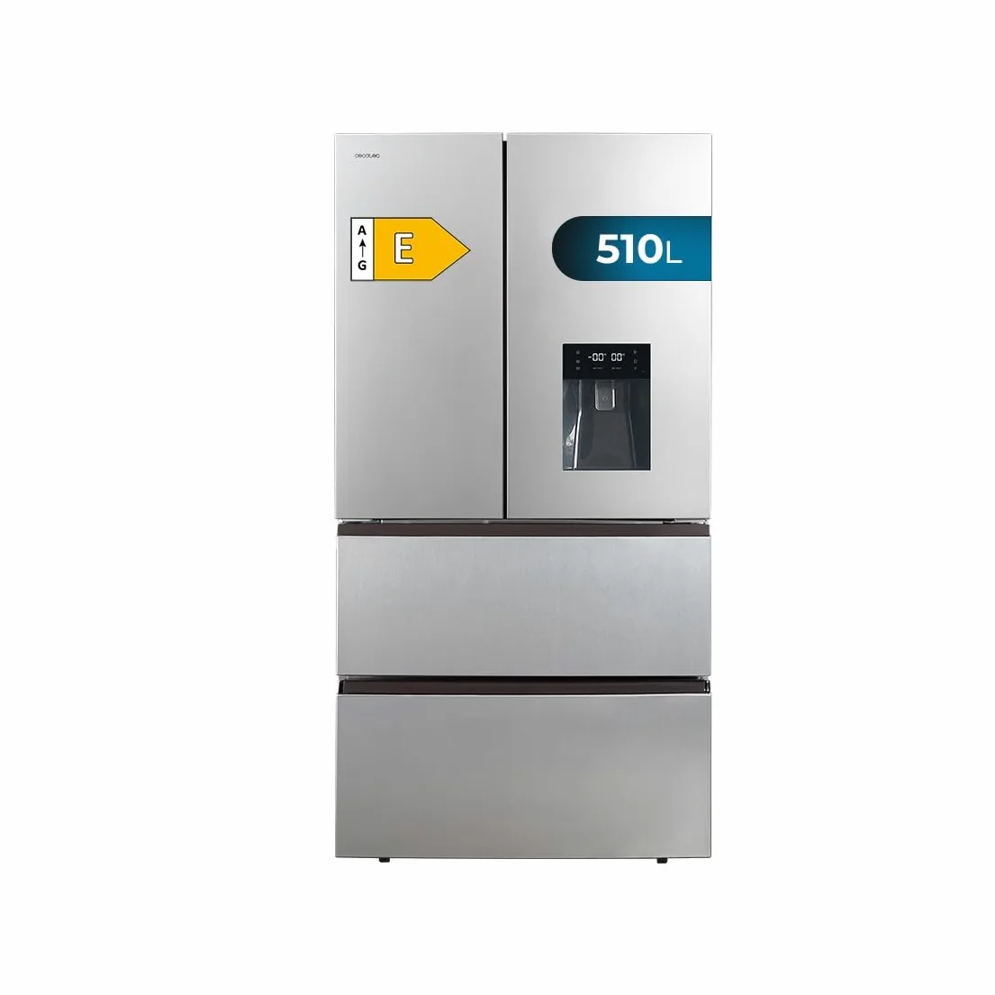 Cecotec Frigorífico Puerta Francesa Inox con Dispensador de Agua de 506L Bolero CoolMarket FD 510 WD Inox E. 183 cm de Alto, 84 cm de Ancho, Motor Inverter Plus, Bajo Consumo, Total NoFrost