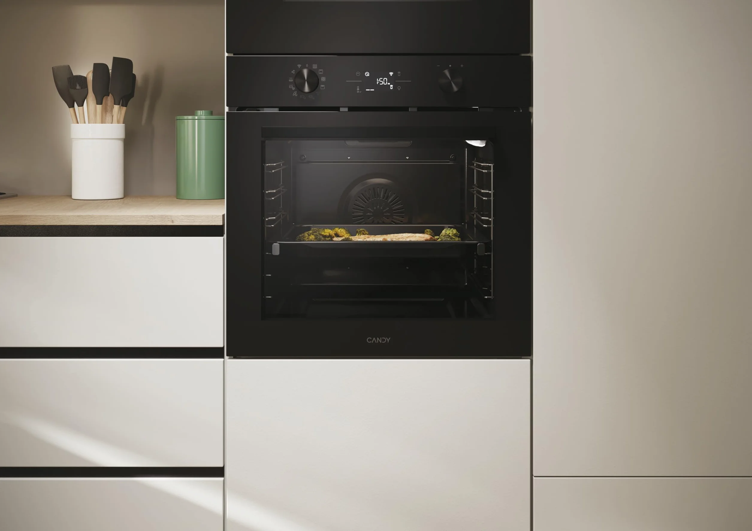 Candy C-Bake 600 CA6 N5B3EYTB, Horno Multifunción, 78L, WIFI, 3300W, 1 Bandeja y 2 Rejillas, Pirólisis + Aquálisis, Convección, 13 Funciones, Puerta 4 Cristales, Full Black