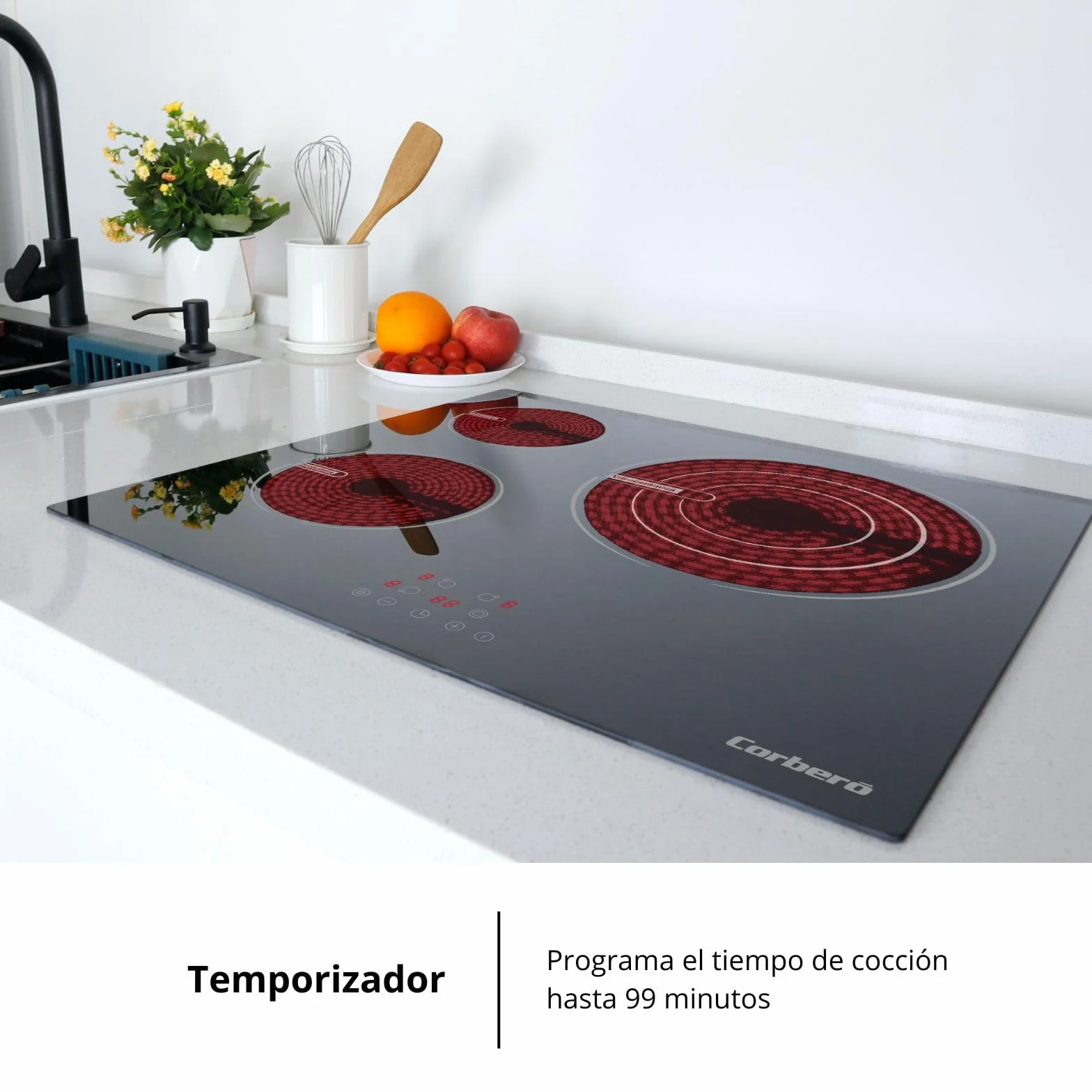 Corberó - Placa Vitrocerámica | CCVG3BL574 | 60 cm | 5700 W | 3 Zonas | Control Touch, Desconexión Automática, Bloqueo Infantil | Negro