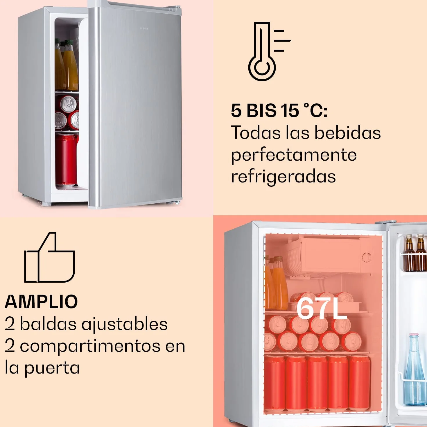 Klarstein Nevera Pequeña 67L para Refrescos y Cerveza con 4L Congelador, Mini Nevera Cristal, Minibar Silencioso, Enfriador de Vino, Interior/Exterior, Frigorificos Estantes Extraíbles