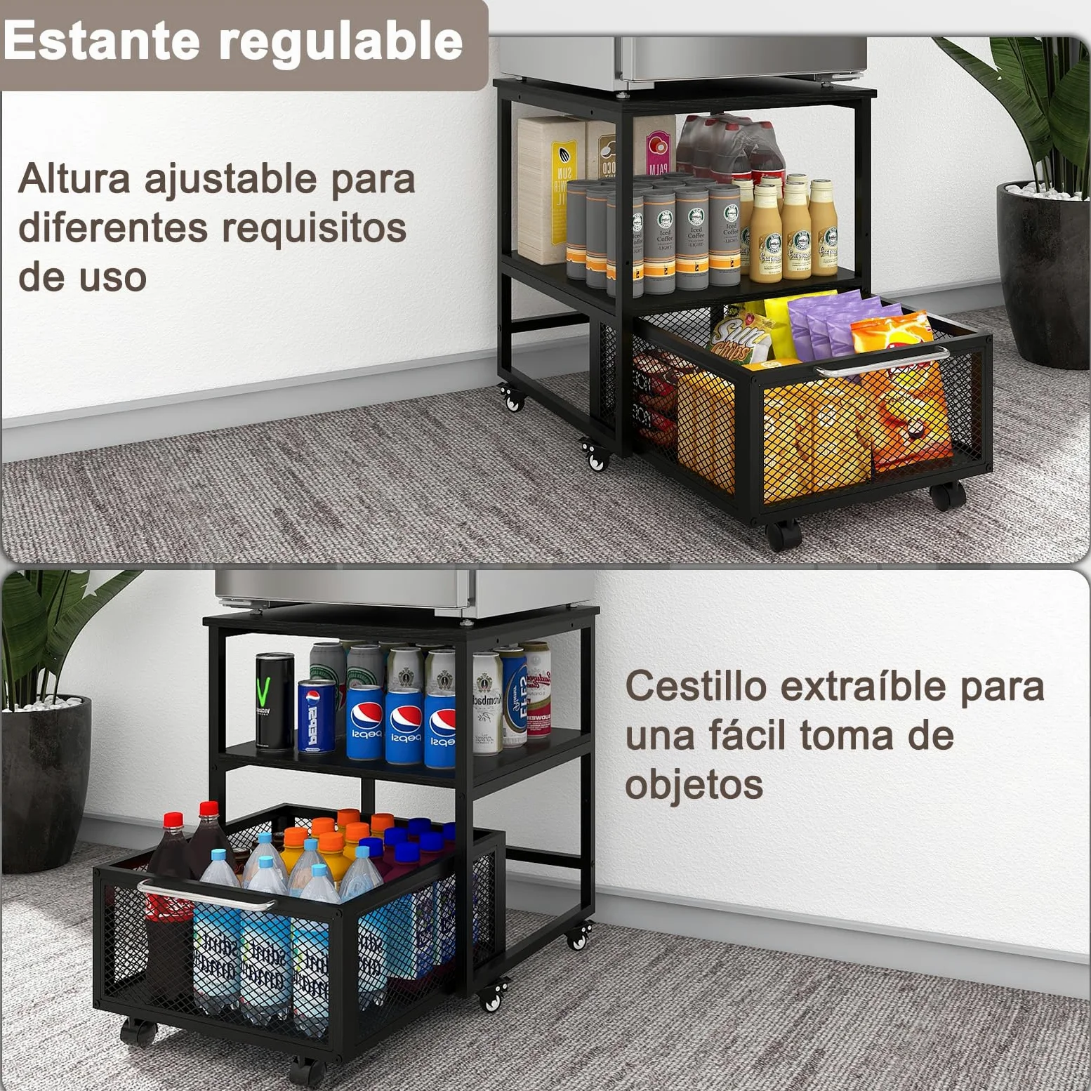 PUNCIA Soporte para Mini Nevera 3 Niveles con Cesta Metálica para Oficina | Mueble Mesa para Frigorífico con Base Móvil para Refrigerador con Ruedas Estante de Almacenamiento con Cajón Cocina Salón