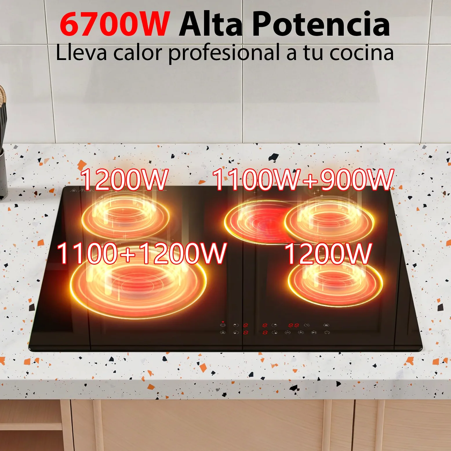 Placa Vitrocerámica 60cm Empotrable 4 Zonas 6700W Dual Ring