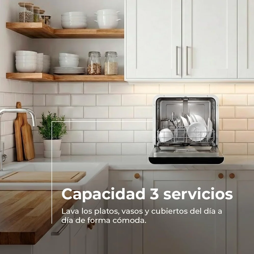 Lavavajillas EVVO Mini D Trip 3 – Lavavajillas Compacto Sobremesa, 3 Servicios, Clase Energética C, 6 Programas, Secado Extra Air Fresh, Panel LED Táctil, Inicio Diferido, Sin Instalación