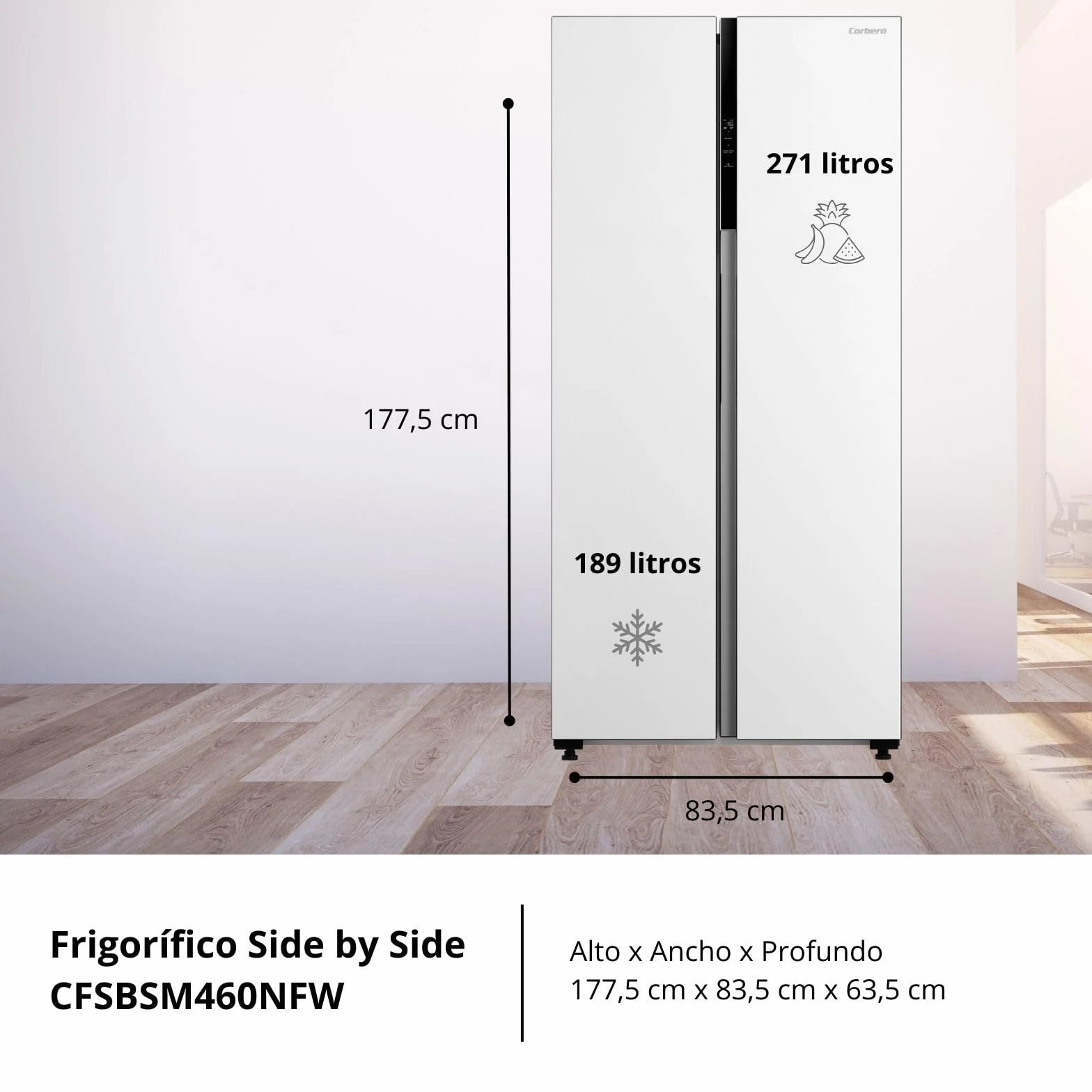 Corberó – Frigorífico Americano | CFSBSM460NFW | 460L | 177.5cm | No Frost | Motor Inverter |41 dB | Display en la puerta | Súper Enfriamiento | Súper Congelación | Blanco