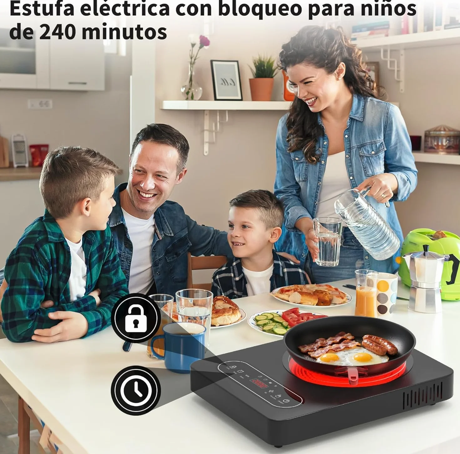 Placa Vitrocerámica Portátil 2000W 10 Niveles Temporizador 220V~240V Bloqueo Seguridad Controles Táctiles