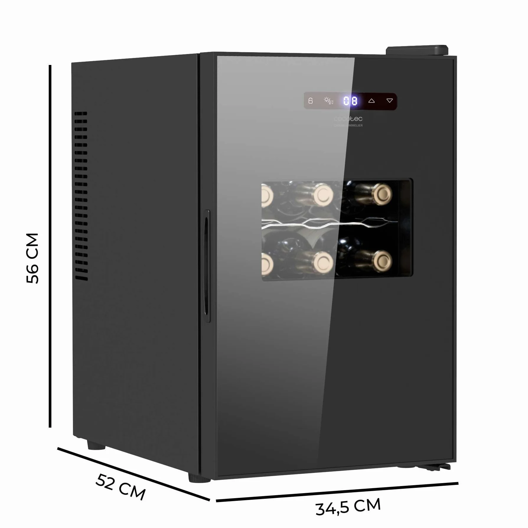 Cecotec Vinoteca Bolero GrandSommelier 1550 CoolCrystal. Bodega para 15 botellas, temperatura ajustable de 5-18ºC, enfriamiento termoeléctrico, silenciosa con 35 dB, panel táctil y LED eco-friendly.