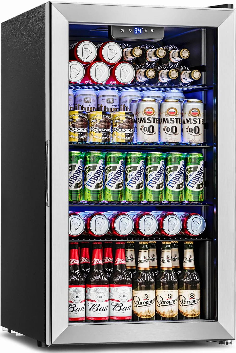 Feelfunn - Refrigerador y enfriador de bebidas, 126 latas, mini puerta de vidrio para refrescos, cerveza, vino, nevera de bebidas no empotrado para el hogar, oficina, bar, 4 estantes ajustables, 3.2