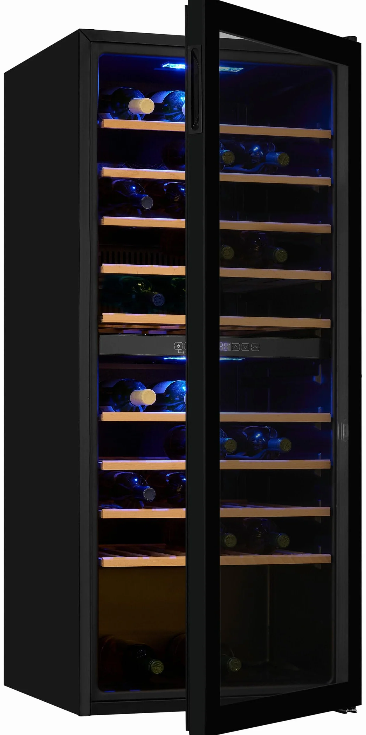 Exquisit® Vinoteca para 114 Botellas, 220L, Negro, Clase G, Dos Zonas de Temperatura 5-20°C, Control Digital LCD, Puerta de Cristal Reversible, Medidas (129,0 x 55,2 x 57,5 cm)