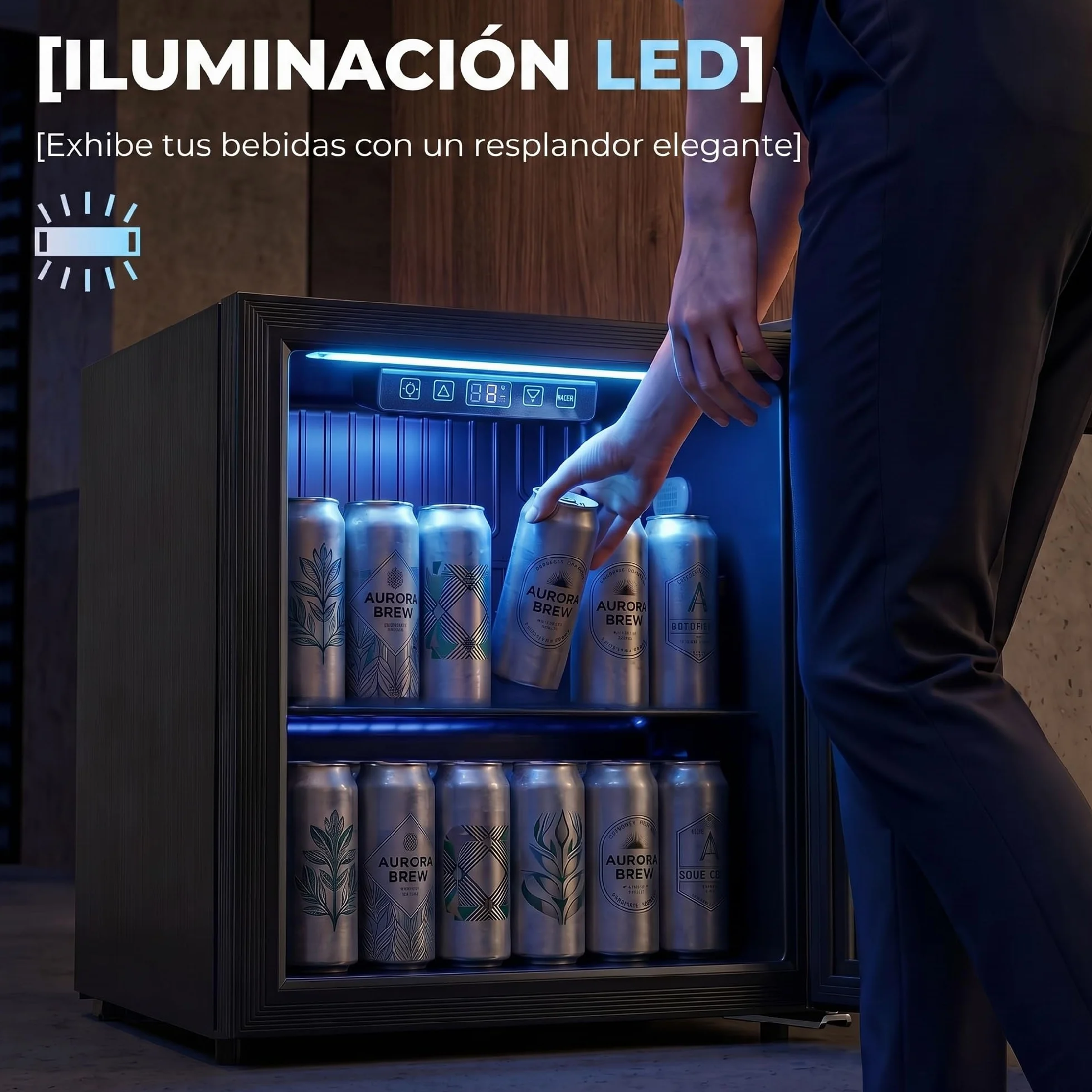 HOMCOM Frigorífico de Bebidas 50 L, Mini Nevera con Puerta de Vidrio Doble, Iluminación LED, Estante Ajustable, 2-18℃, para 48 Latas, Nevera Pequeña para Refrescos, Cerveza y Vino