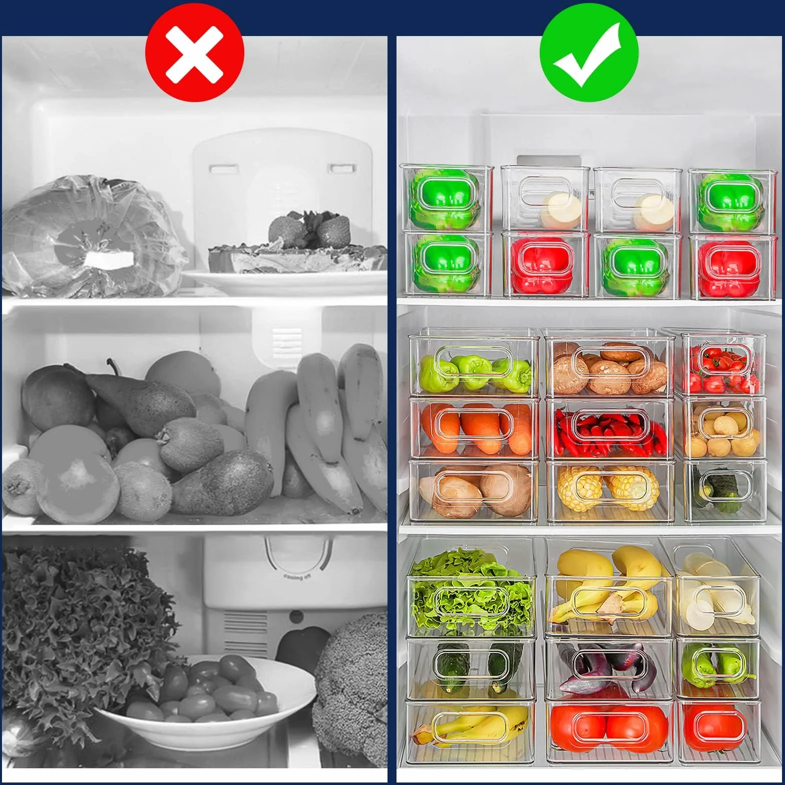 Organizador para frigorífico, apilable, caja de almacenamiento de cocina, organizador de despensa, recipiente transparente para frigorífico, cocina, armarios (12 unidades)