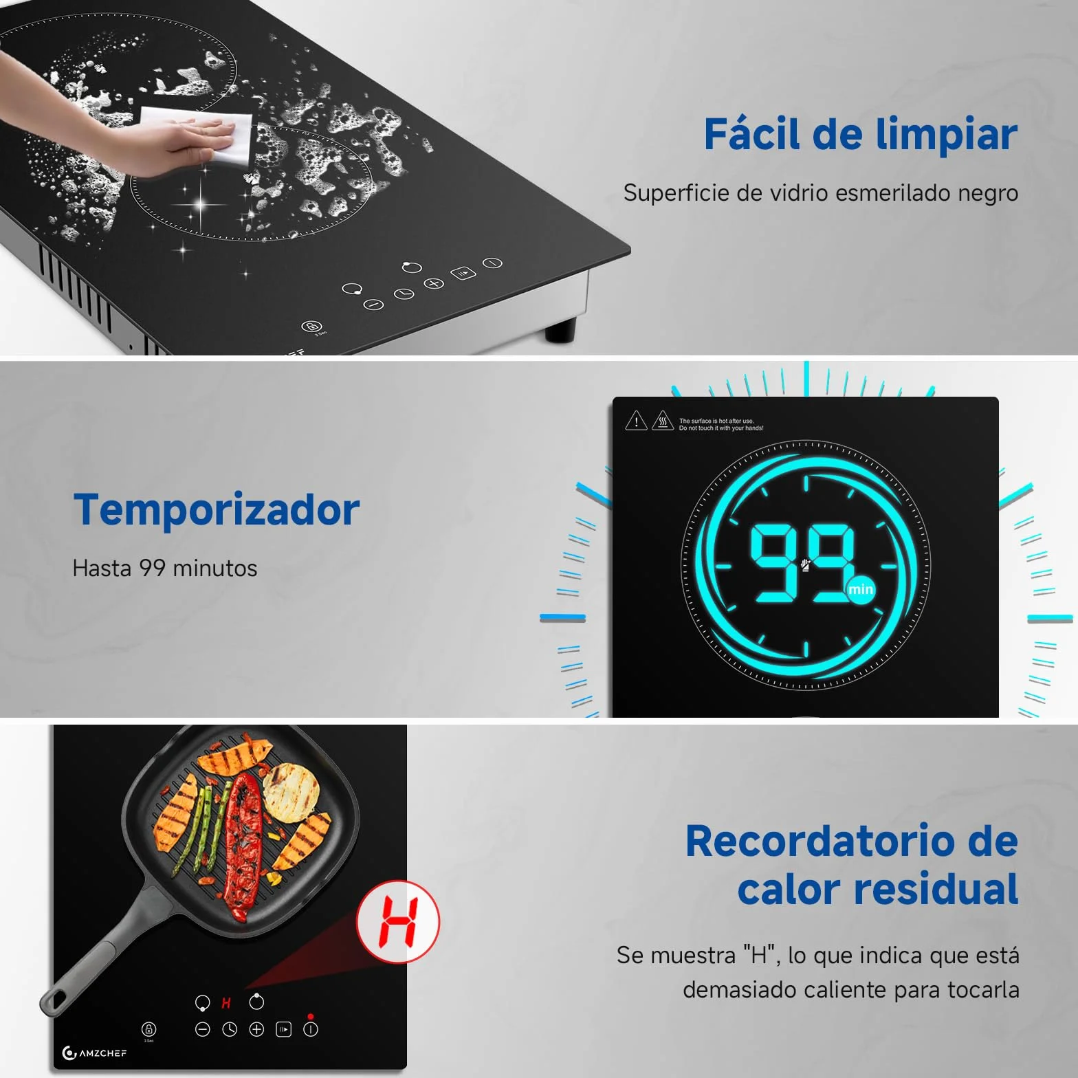 AMZCHEF Placa Vitrocerámica 2 Fuegos 3200W 9 Niveles de Potencia 2-en-1 Sobremesa/Empotrable