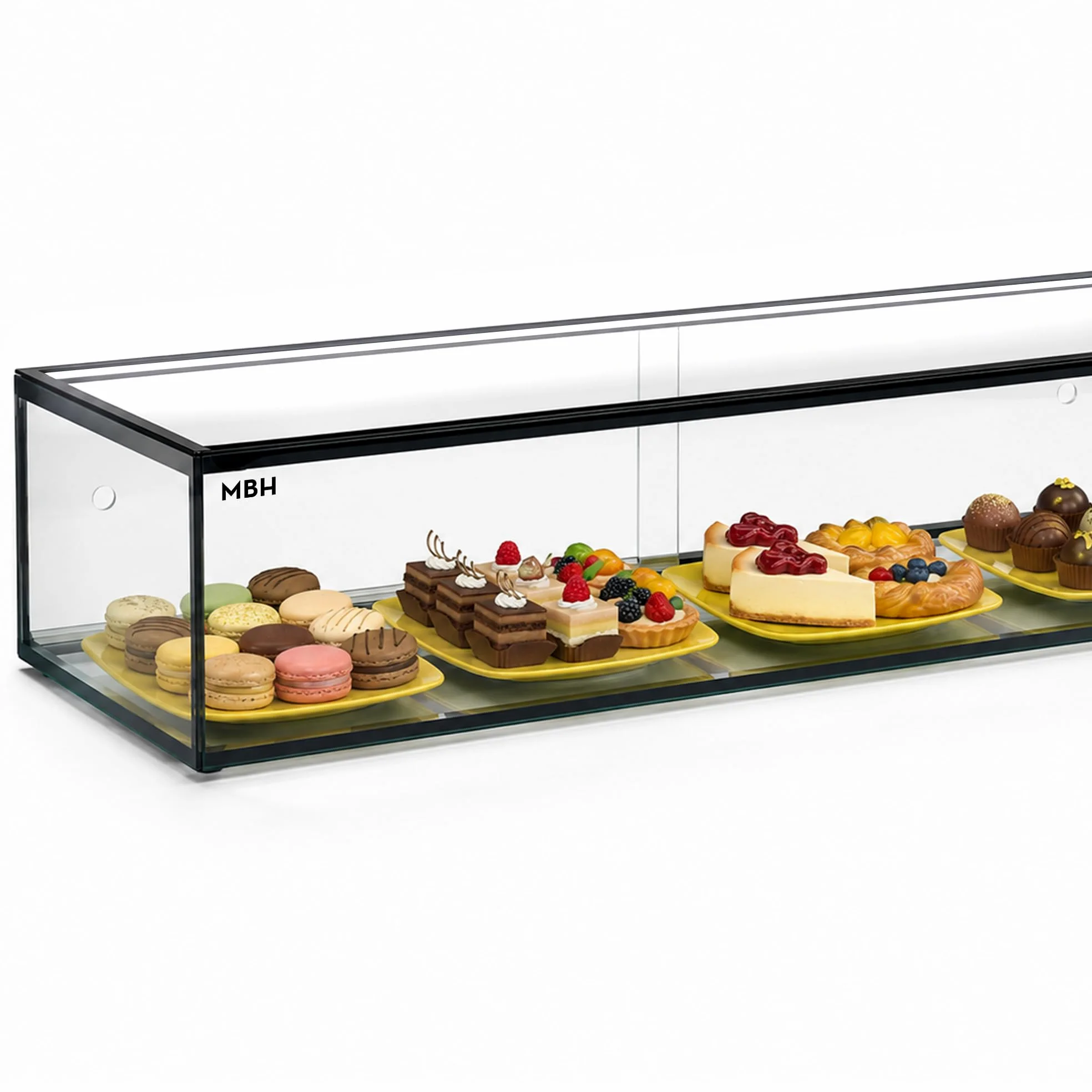 MBH - Vitrina Expositora Neutra de Sobremostrador 92x33 cm, Cristal Recto Templado, 1 Piso, con Iluminación LED, Puertas Traseras Correderas, para Bar, Cafetería, Restaurante, Bollería y Repostería.