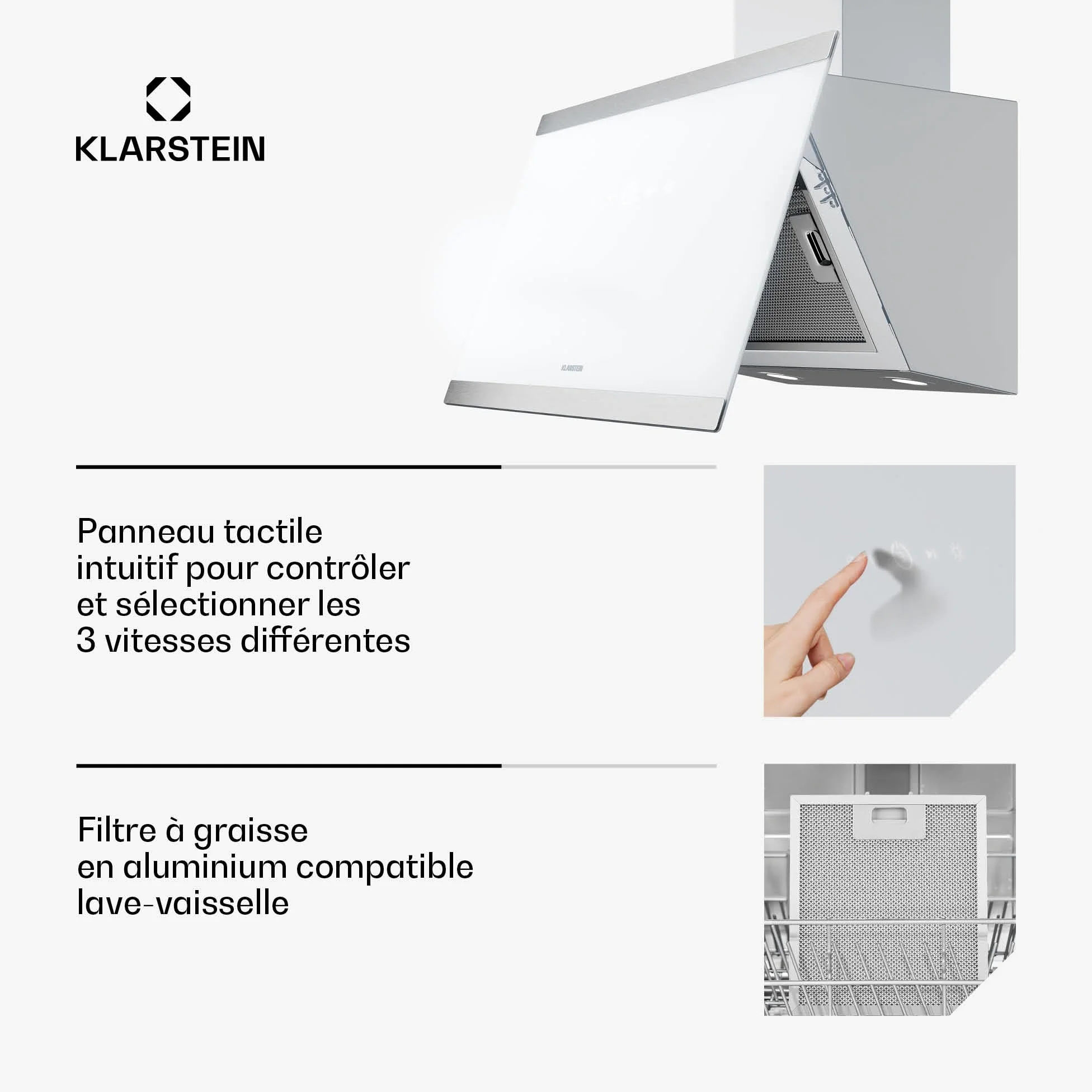 Klarstein FlashLine Campana extractora - 60cm campana cocina decorativa, pantalla táctil, 578 m³/h, a++ eficiencia energética, iluminación led, silenciosa 34,5 db, blanca, conductos & recirculación