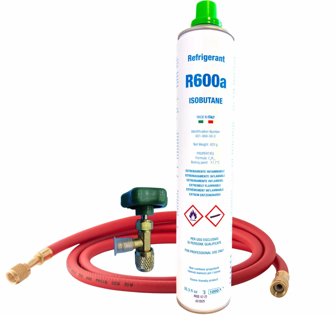 Kit Completo Gas Refrigerante R600a Isobutano | Envase de 420g Neto | Para Recarga de Frigoríficos y Congeladores | Incluye Válvula y Manguera de Carga | Solución Ecológica