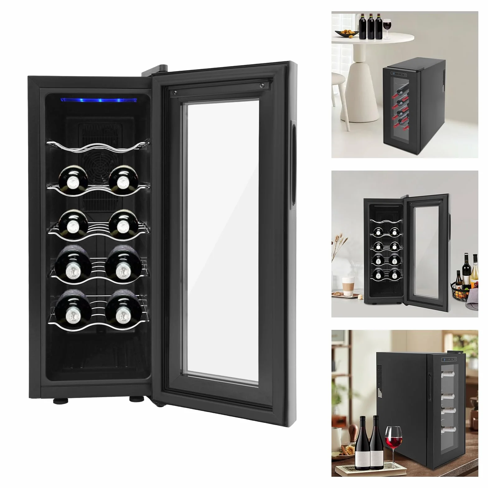 12 botellas de vino, gabinete climatizado, pantalla LED y panel táctil intuitivo, hay cinco estantes, familia, oficina, hotel, bar, club, rango de refrigeración del 55 % al 75 %