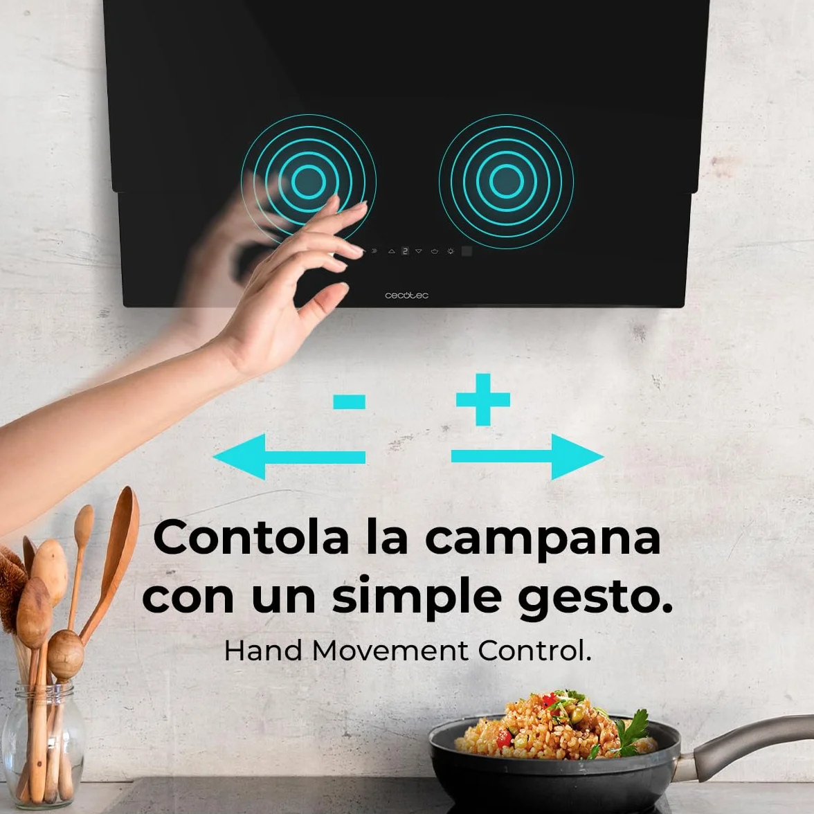 Cecotec Campana Extractora Decorativa 60 cm Bolero Flux DT 608001 Glass Black A++, 210W, Iluminación LED, Succión 800m3/h, Control Táctil, 3 Niveles, Filtro Carbono, Hand Movement, Delay Function