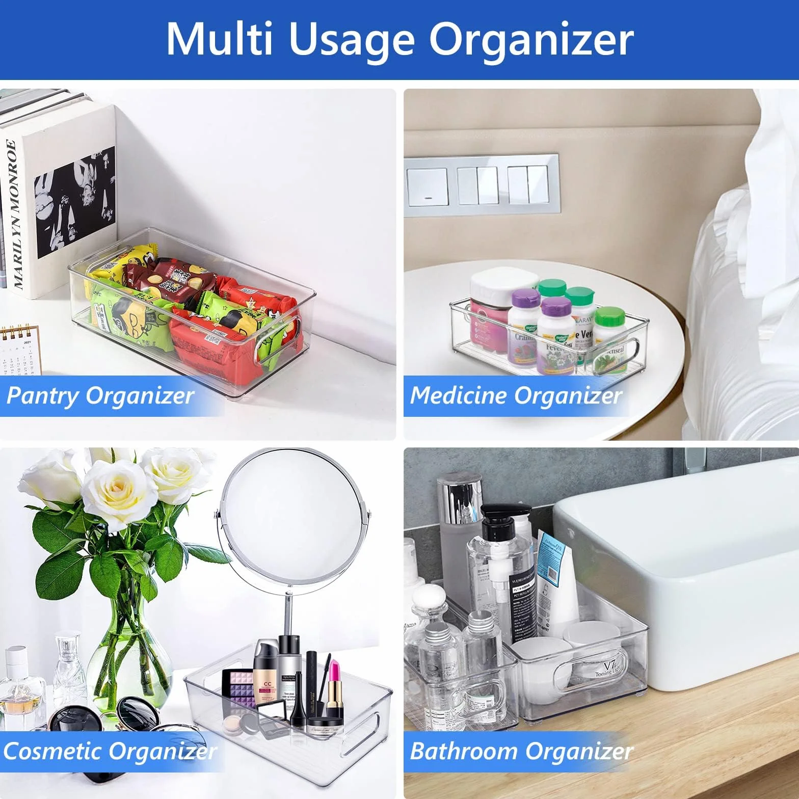 Organizador para frigorífico, apilable, caja de almacenamiento de cocina, organizador de despensa, recipiente transparente para frigorífico, cocina, armarios (12 unidades)