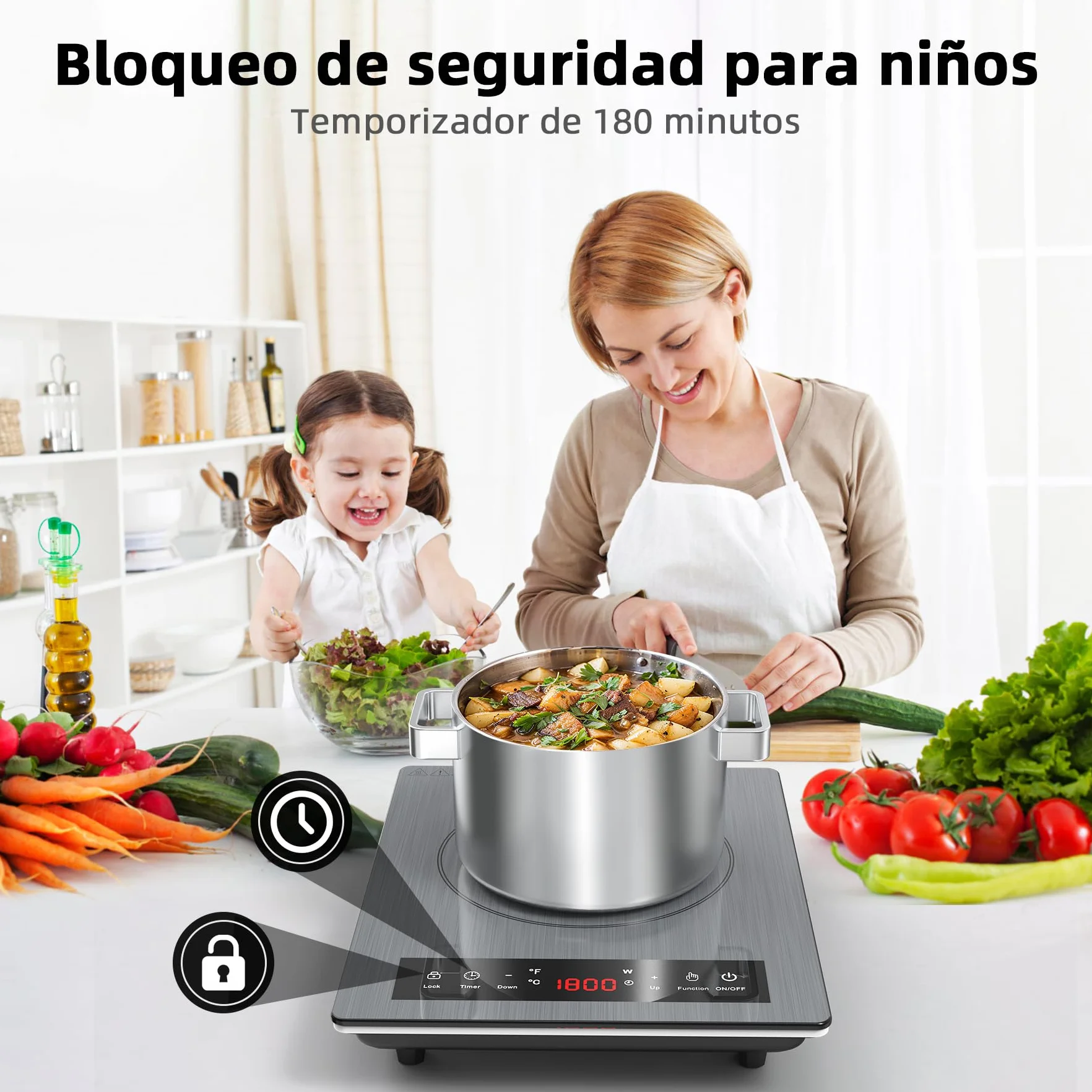 Placa de Inducción Portátil 1800W, 10 Niveles de Calentamiento, Temporizador, Bloqueo para Niños