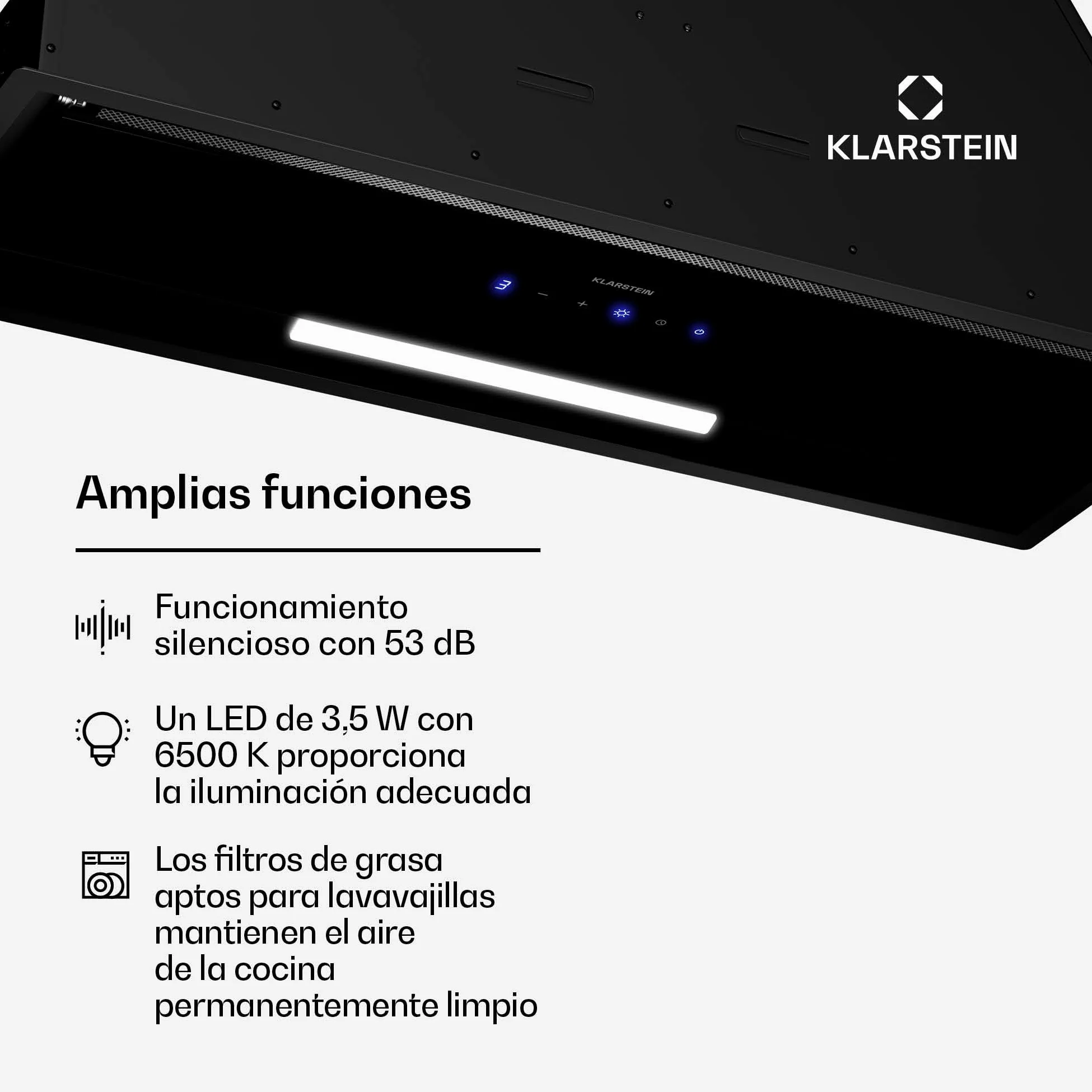 Klarstein Ventimate Campana Integrada, 85cm Campana Extractora con Control Táctil, 390 m³/h, Eficiencia Energética A+, Motor Silencioso, Luz LED, Filtro de Carbón para Recirculación, Negro