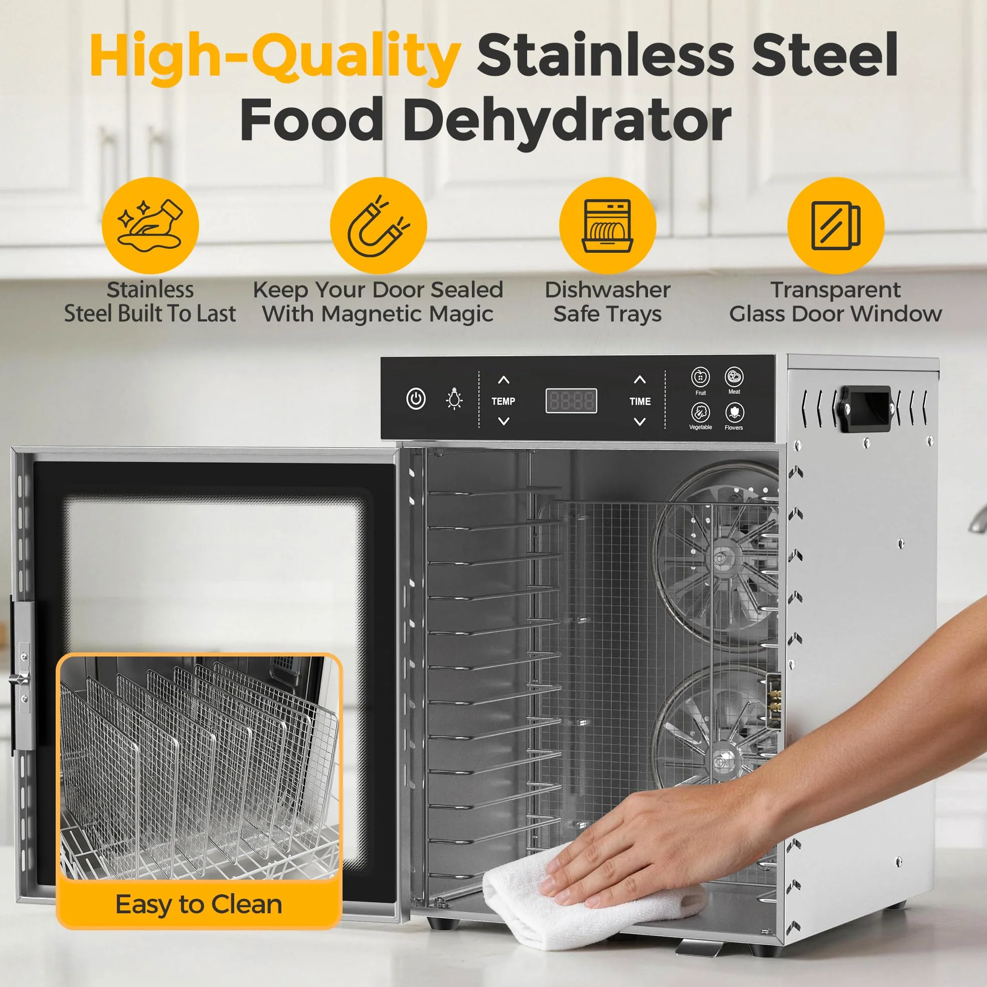 Suteck Secador de alimentos con 12 cuencos, 800 W con cuencos de acero inoxidable, ventiladores dobles y flujo de aire de 360°, control digital de temperatura y