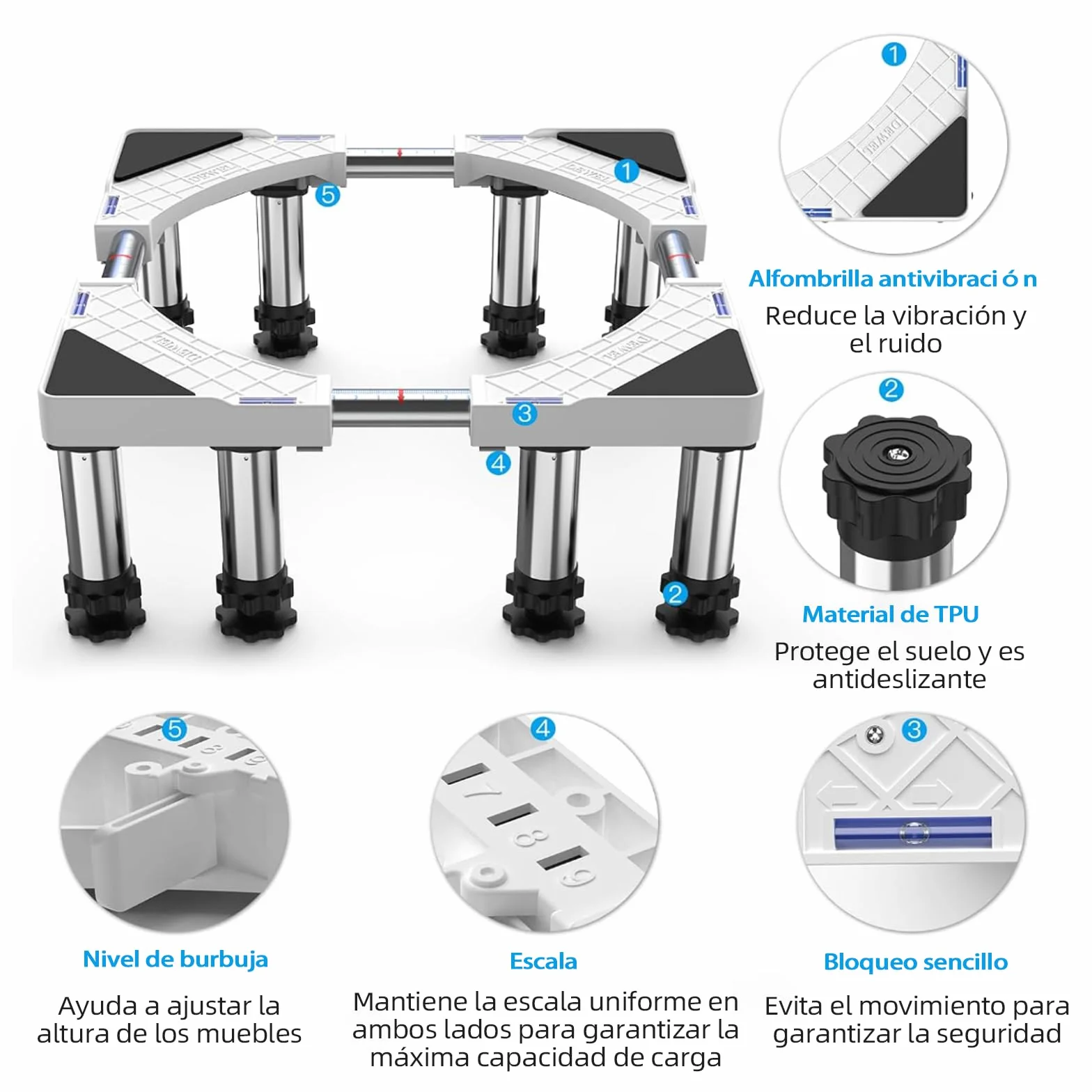 DEWEL Base de la Lavadora de 8 Pies, Carga de 500 kg, Base de la Lavadora del Refrigerador Ajustable, Secadora y Congelador, Longitud Ajustable 43 - 57 cm, Altura 18 - 20 cm, Tubería Cuadrada