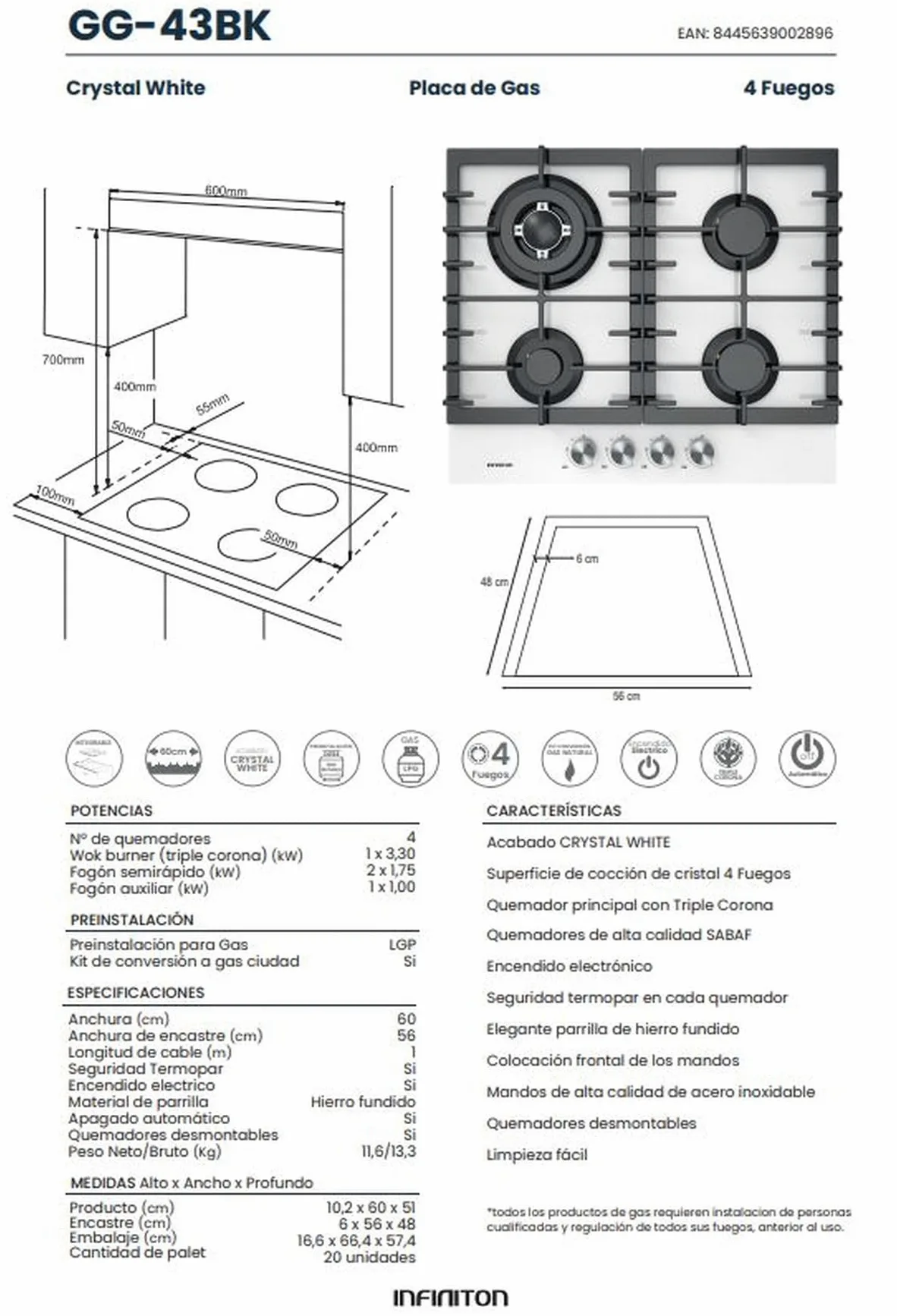 INFINITON Placa de Gas GG-43BK, 4 Fuegos, Ancho 60 cm, Acabado en Crystal White, Encendido Electrico, Compatible con Gas Butano/Propano y Gás Natural