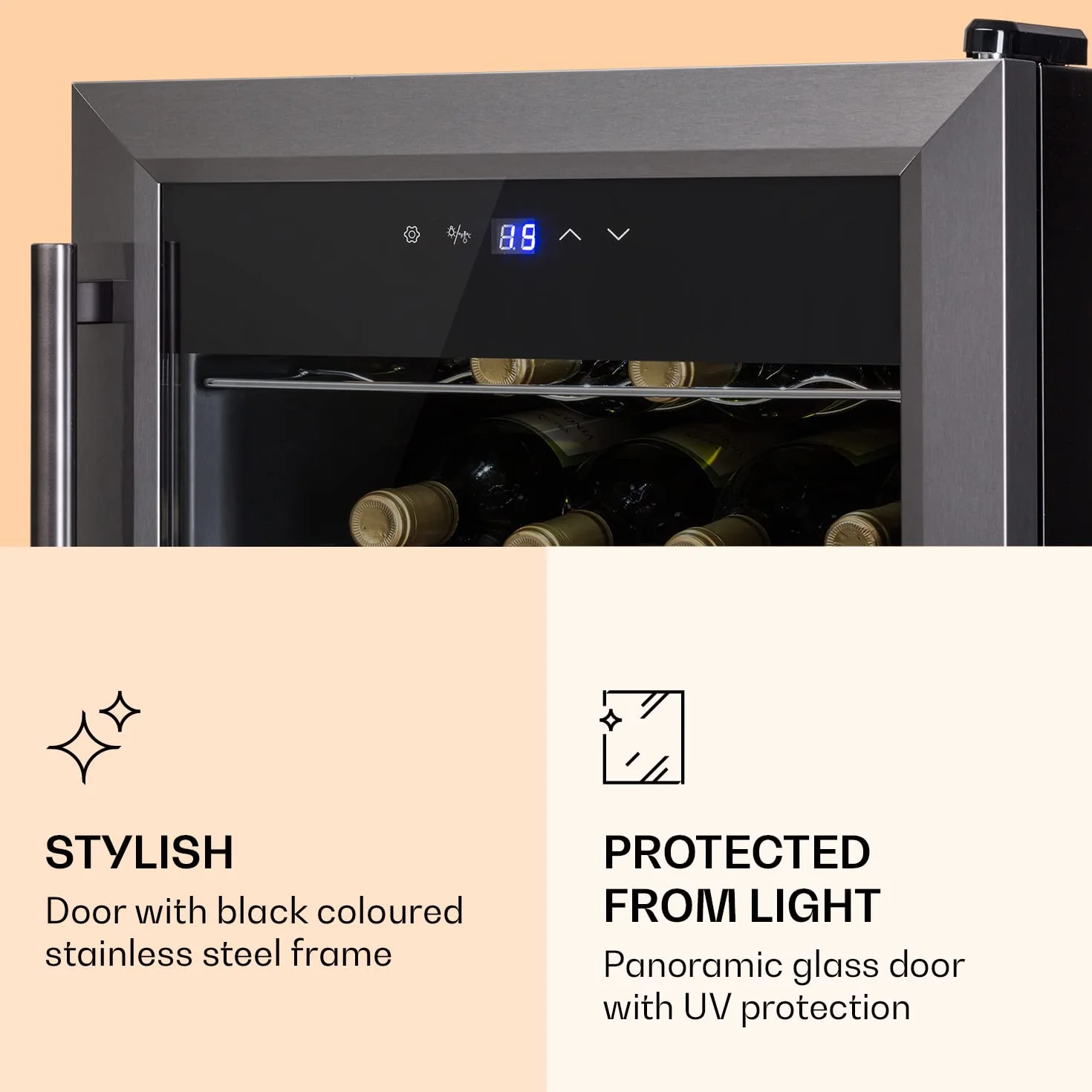 KLARSTEIN Ultimo Uno - Vinoteca, Nevera para vinos con regulador de temperatura entre 5 y 8 °C, Control táctil, Iluminación interior LED, Espacio para 16 botellas, 42 litros de volumen, Negro