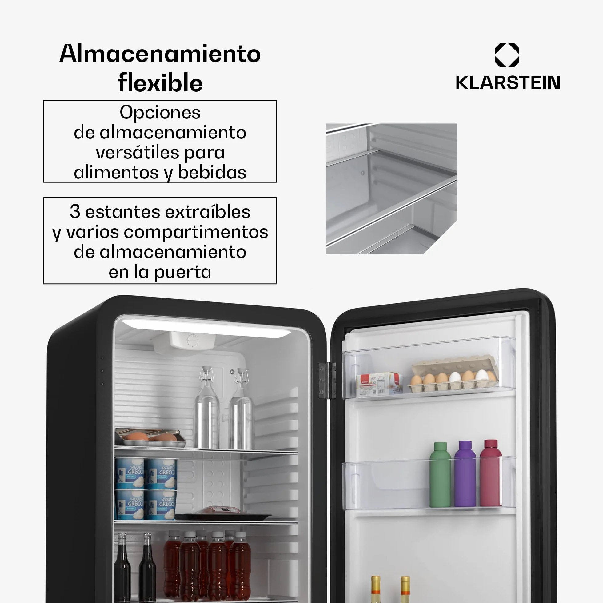 KLARSTEIN Audrey Evo 90L Mininevera Retro - Silenciosa 40 dB, Termostato Ajustable, Puerta Reversible, Nevera Pequeña para Habitaciones, Oficinas, Negro
