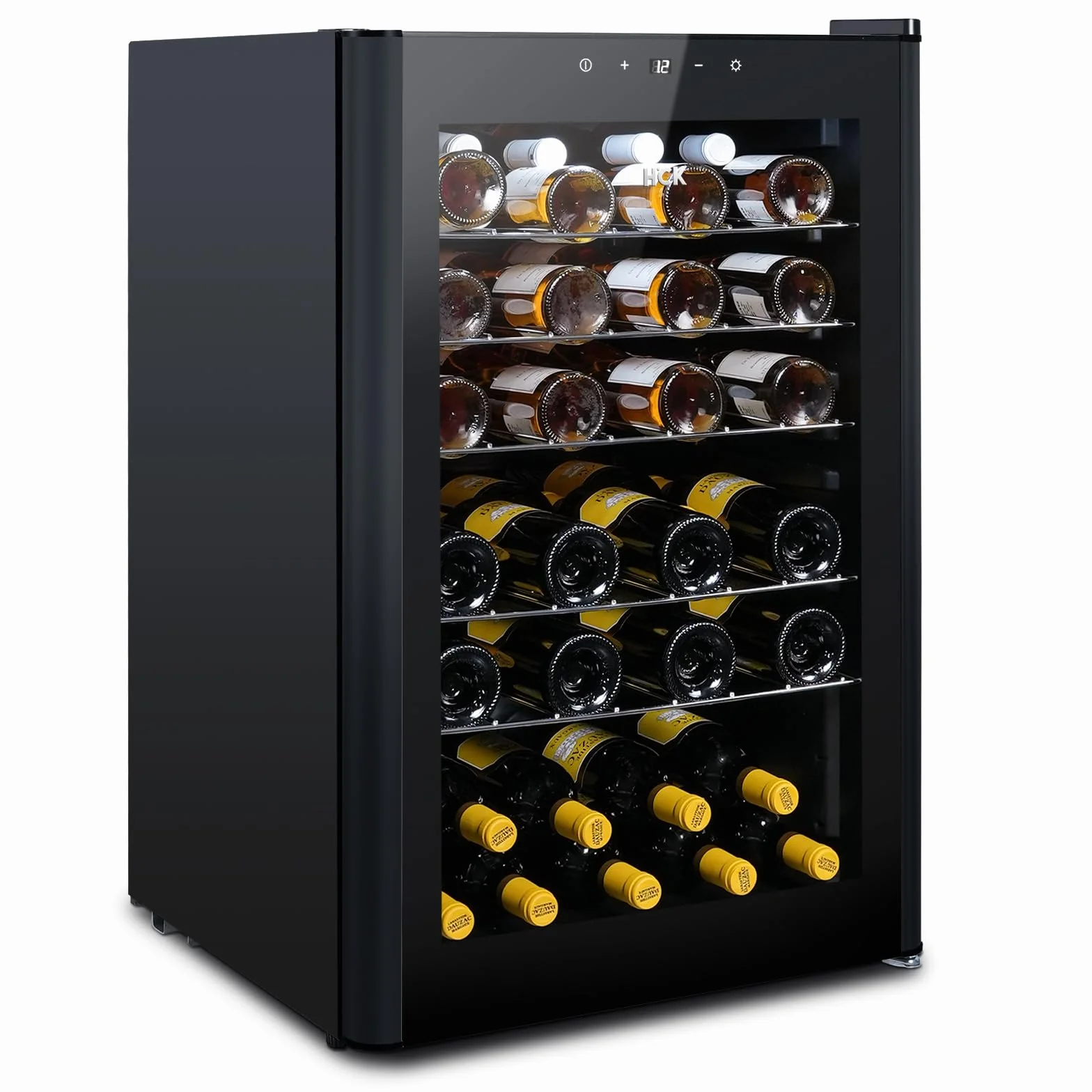 HCK Vinoteca, Nevera para Vinos 1 Zona de Refrigeración, 48 Botellas, 115 L, 4-22°C, Pequeña Nevera de 85 cm de Altura Con Panel Táctil, Silenciosa con Puerta de Vidrio, Negro