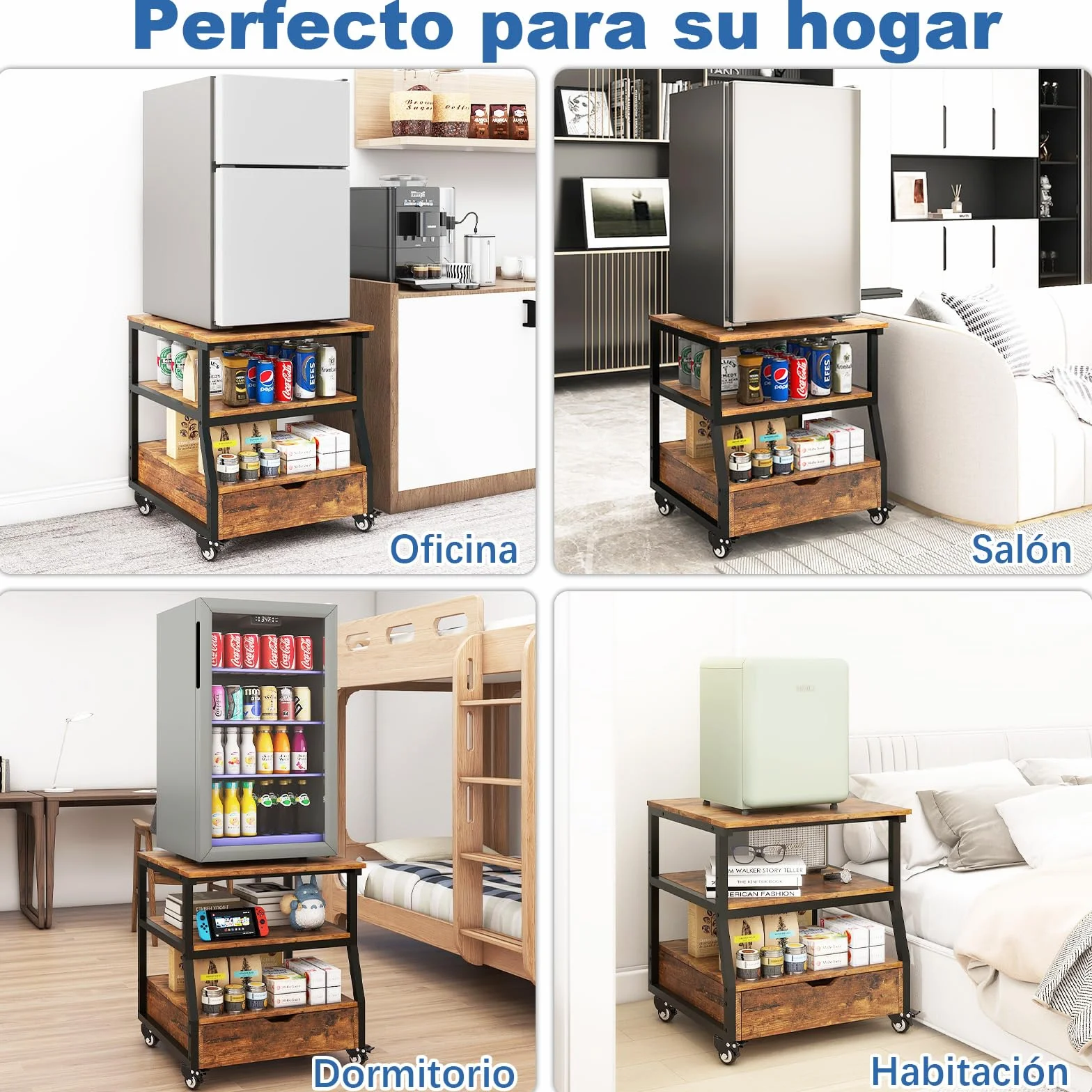 PUNCIA Soporte de 3 Niveles para Mini Nevera Mueble Estante de Frigorífico con Ruedas Organizador Móvil con Cajón Plataforma para Refrigerador Cocina Salón Oficina