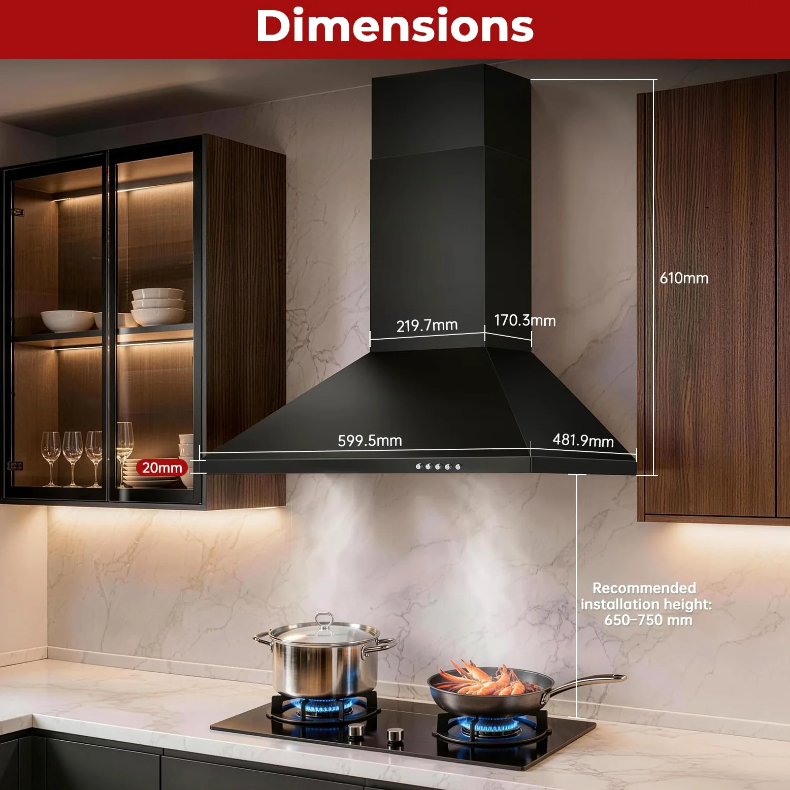 TopStrong Campana Extractora 60 cm, A+++ Extractor de Cocina, 450 m³/h, 3 Velocidades, LED, Recirculación y Evacuación, Filtros de Carbono Incluidos | Filtro de carbón activo incluido | Filtro de carbón activo incluido