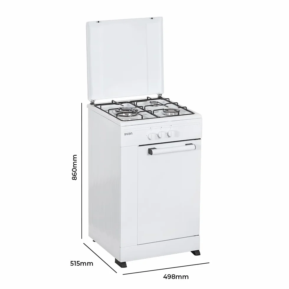 Svan Cocina de Gas Butano Blanco SKG3500PB. 3 Zonas de Cocinado, Quemador WOK triple llama, Compartimento Bombona, Kit Conversión Gas Natural, Acabado en Esmalte Blanco