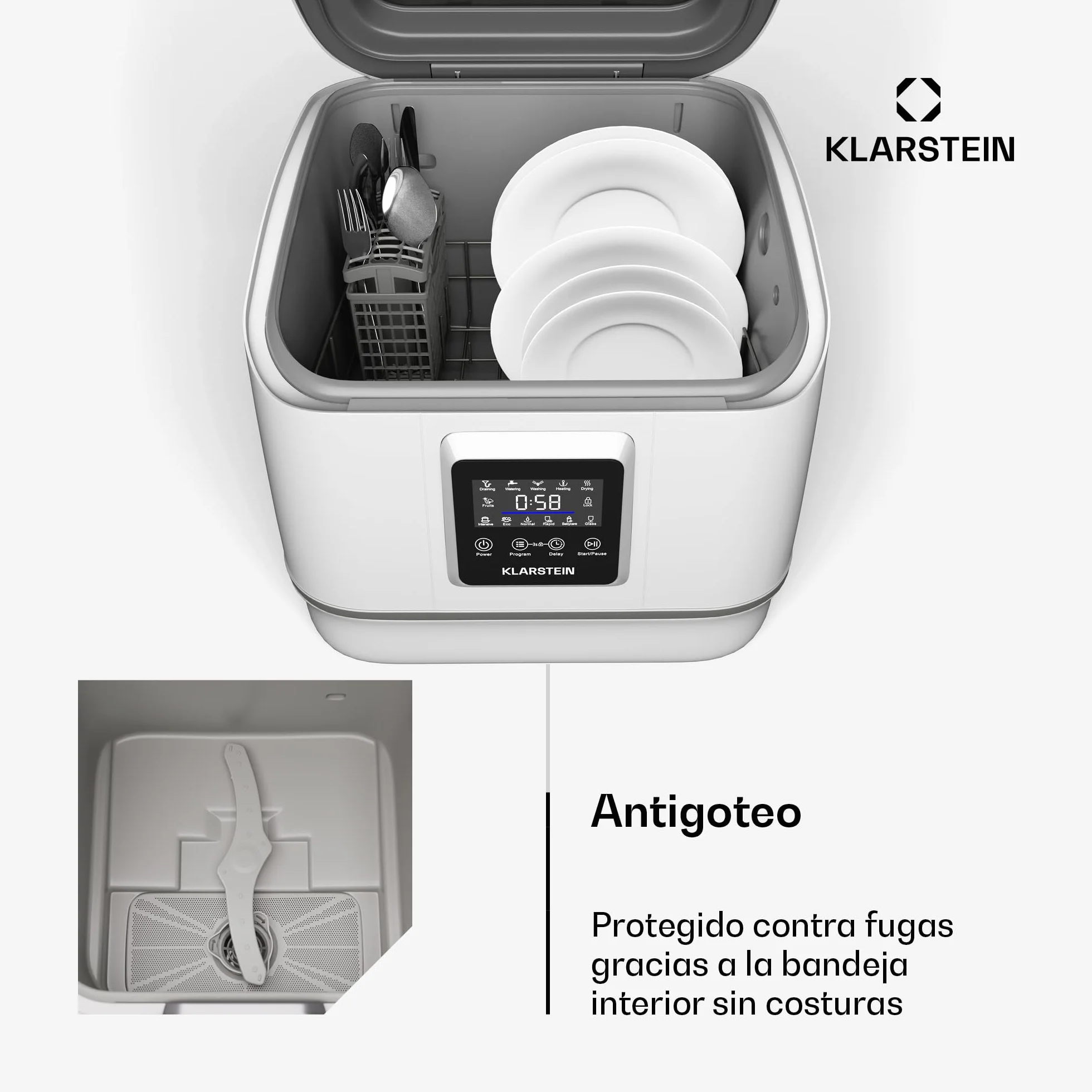 Klarstein SilentScrub lavavajillas encimera portátil compacto 3 cubiertos 7 programas pantalla táctil 55 dB