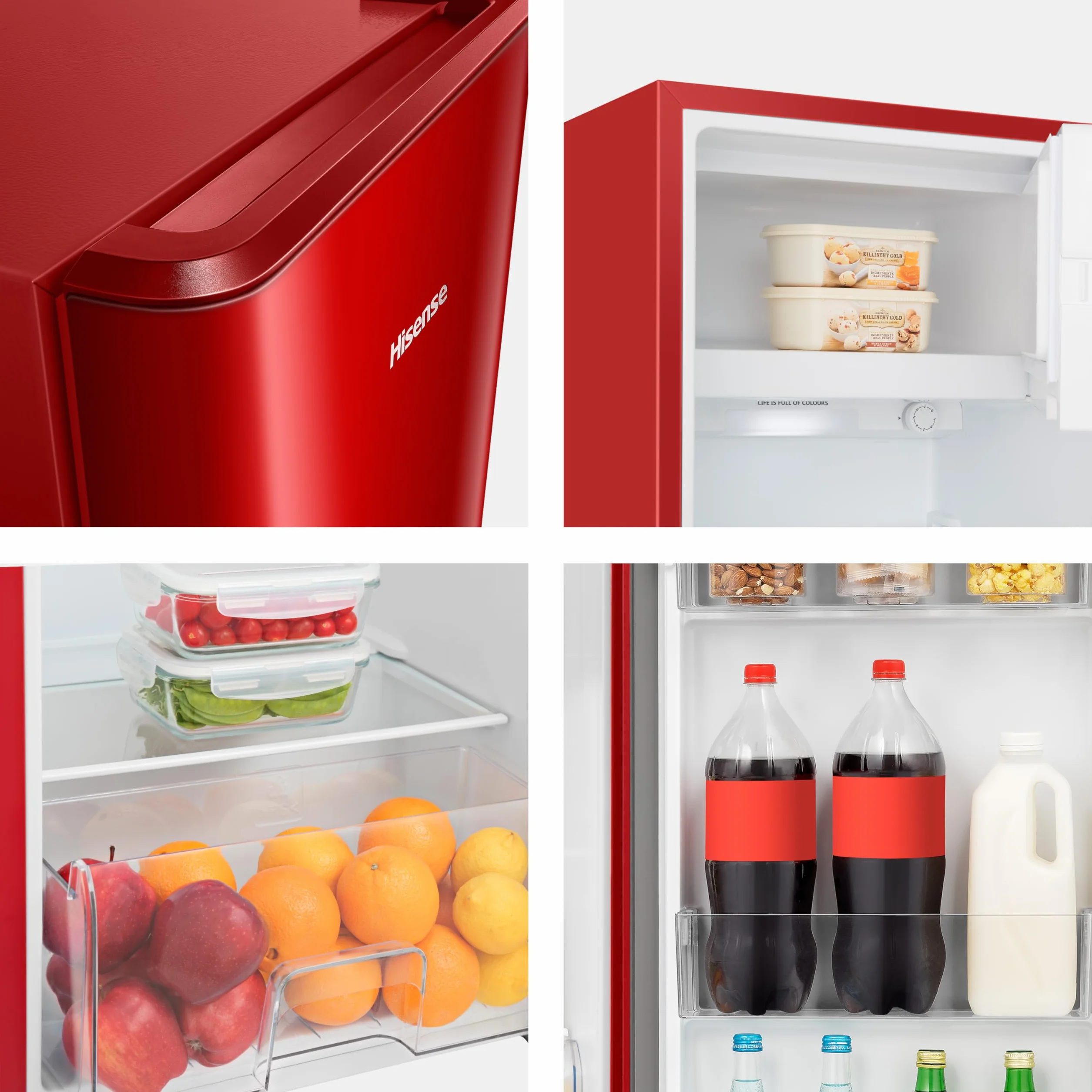 Hisense RR220D4BRE - Frigorífico Una Puerta, Congelador Freeze Zone, 165 L de capacidad, 128 cm alto, Class E, Botellero, Cycle Defrost (Cíclico), Cajón Frutas Y Verduras, Color Rojo