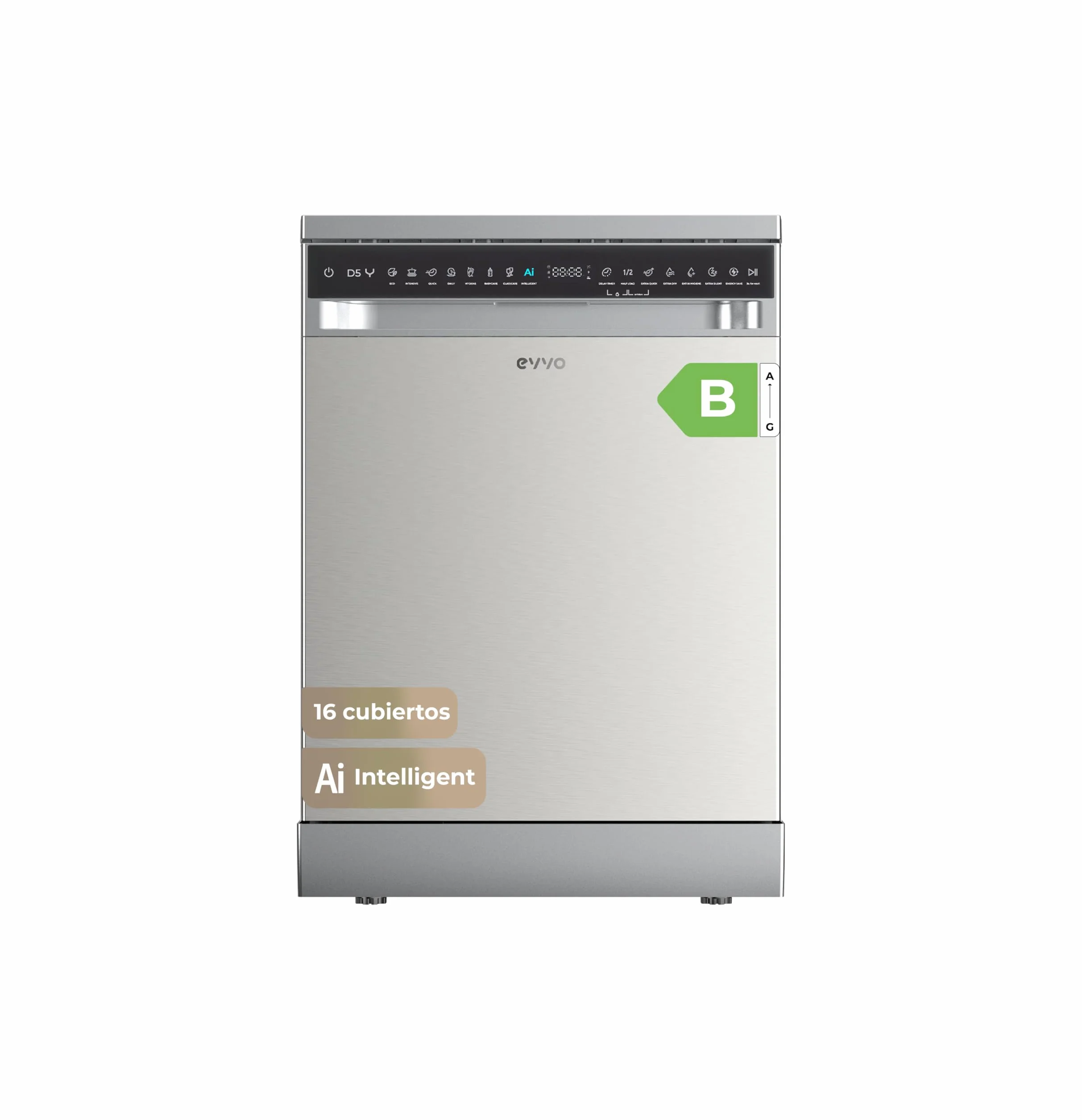 Lavavajillas EVVO D5Y 16 cubiertos 45 dB 8 programas libre instalación 60 cm Inox