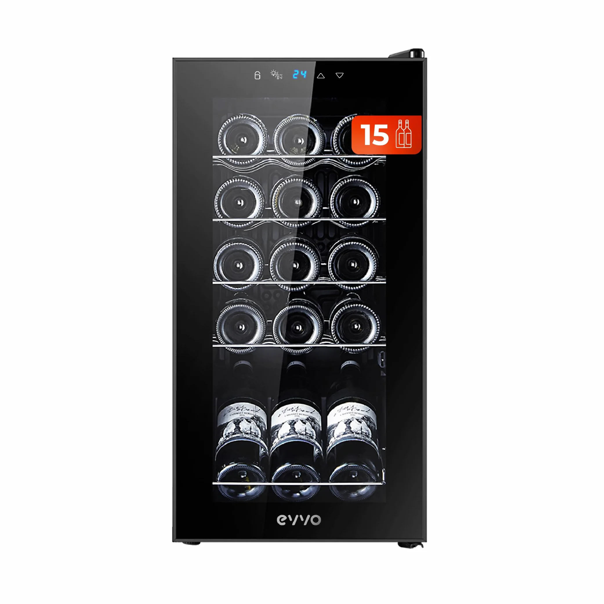 EVVO Vinoteca para 15 botellas VT15, termoeléctrico, compresor, 5-18ºC, muy silencioso 41 dB, táctil