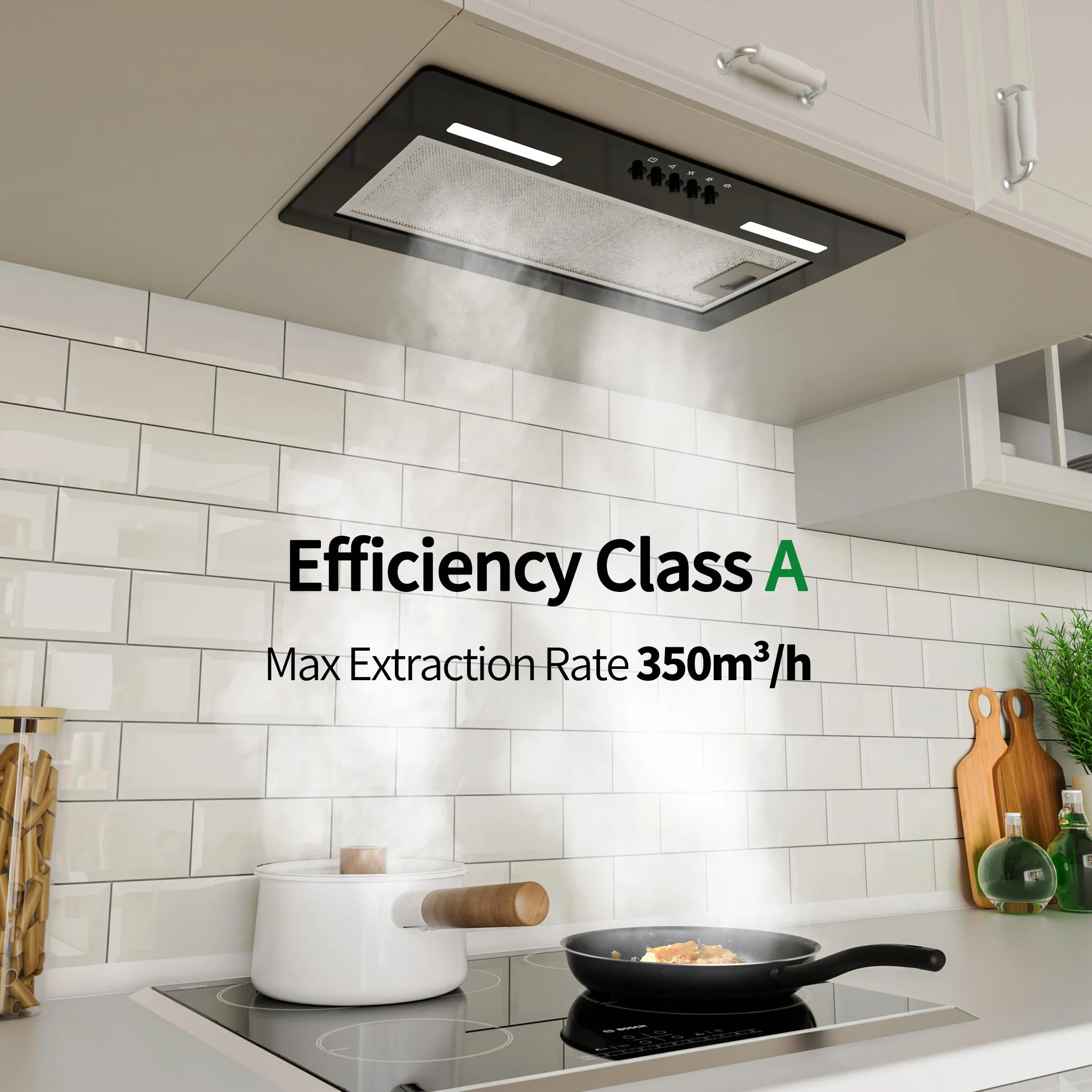 FIREGAS Campana Extractora Incorporada 52 cm,Campana de Cocina Negra con 3 Niveles de Potencia, 350 m³/h, Modo de Circulación de Aire, Filtro de Aluminio y Carbón