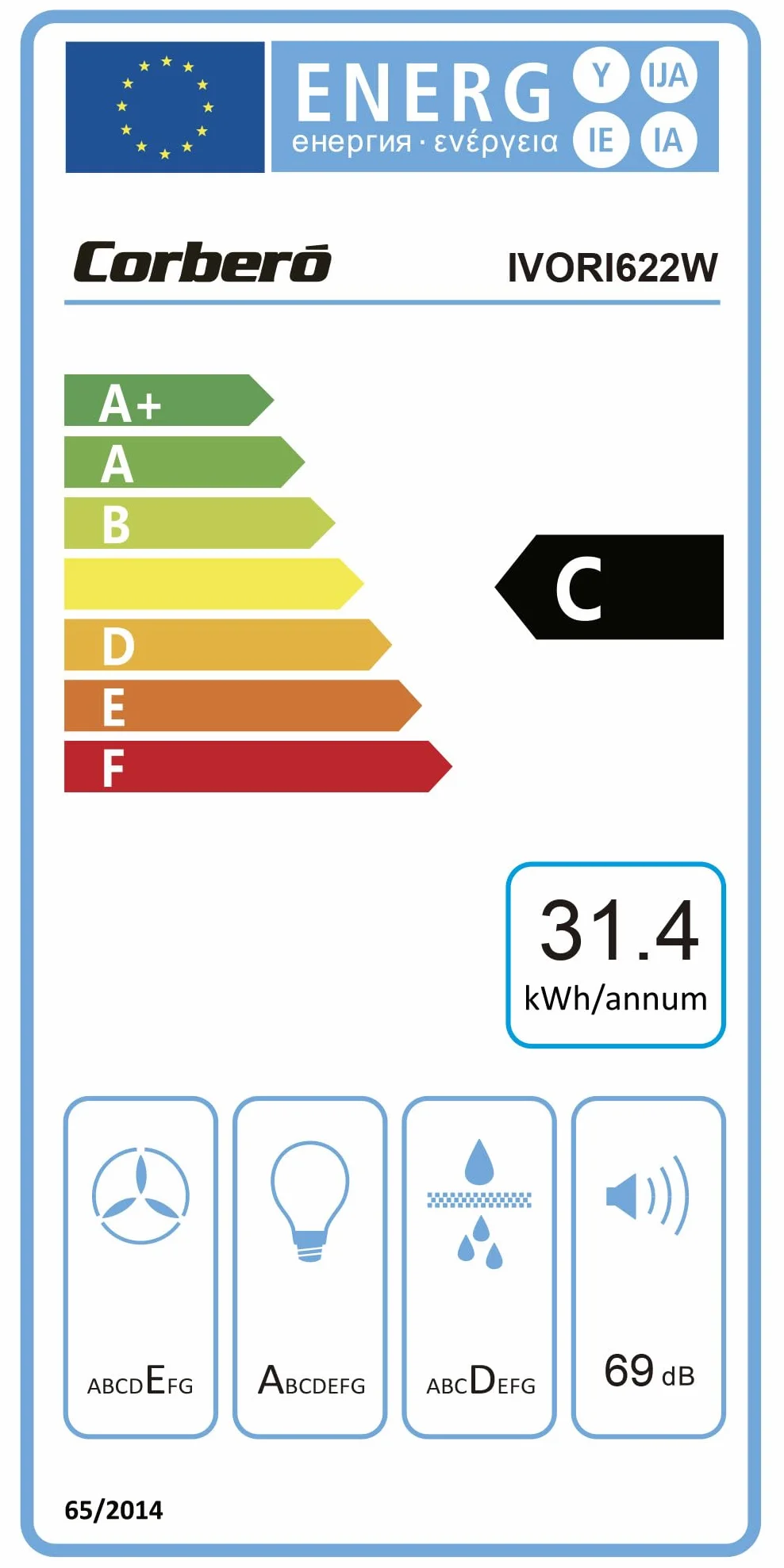 Corberó Campana Convencional 60 cm IVORI622W 192,7 m3/h 69dB 61.5W 3 Velocidades Luz LED Biały