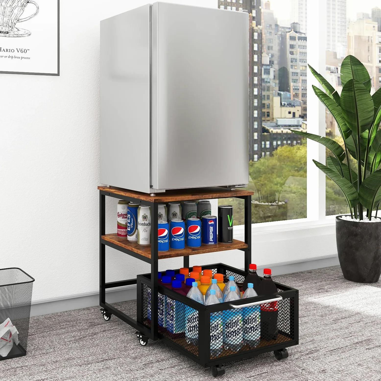 PUNCIA Soporte para Mini Nevera 3 Niveles con Cesta Metálica para Oficina | Mueble Mesa para Frigorífico con Base Móvil para Refrigerador con Ruedas Estante de Almacenamiento con Cajón Cocina Salón