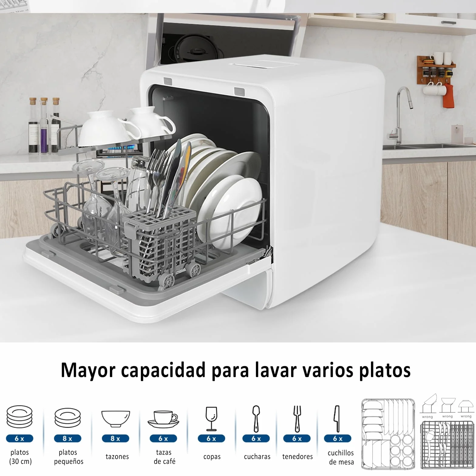YU YUSING Lavavajillas de Encimera 45 cm 4.8 L con 7 Programas 5 Juegos, Mini Lavavajillas Pequeño con 2 Suministro Agua, Portátil, Control Táctil, Pantalla LED para Casa Oficina Camping, Blanco