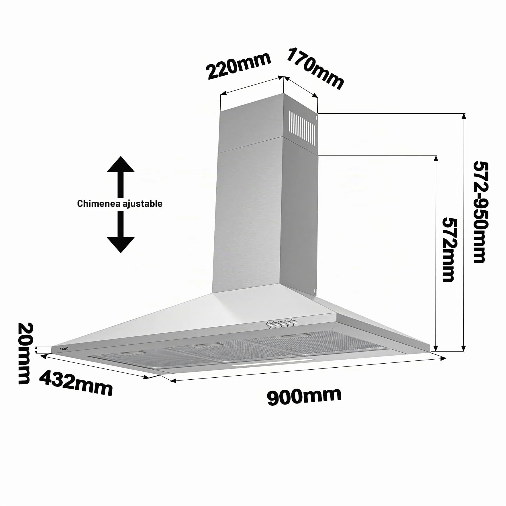 CIARRA ASS9201 Campana Extractora 90cm 406m³/h 60dB Plata | 3 Velocidades Recirculación Interna por Filtro de Carbón CBCF002X2 Acero Inoxidable