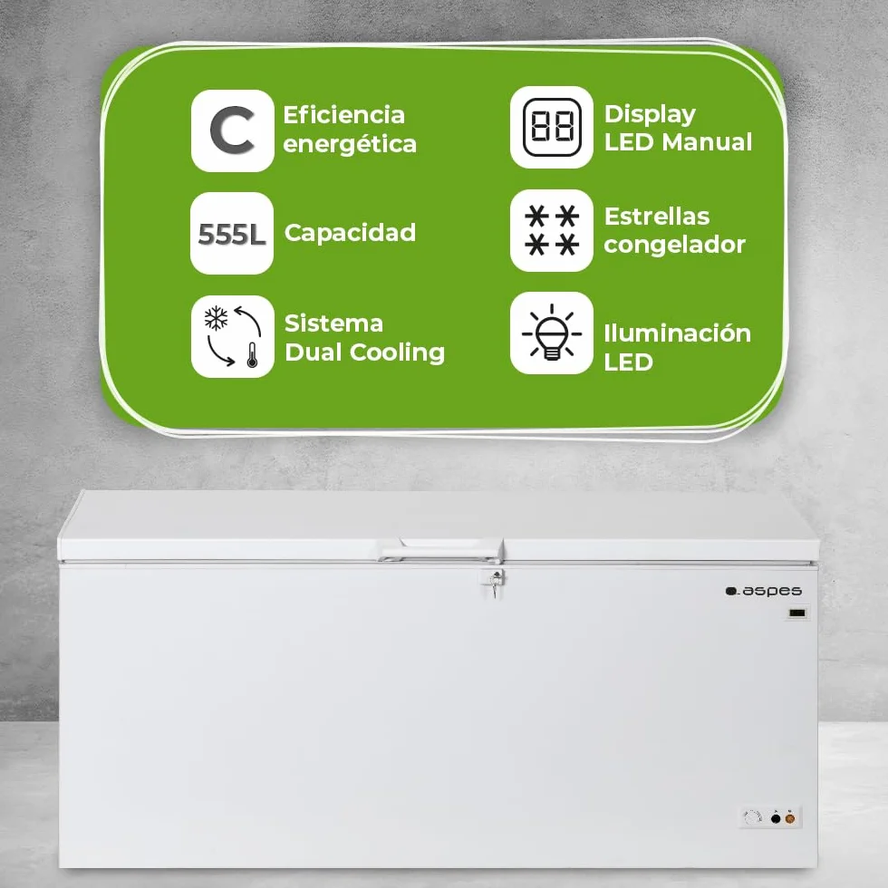 Aspes Congelador horizontal Blanco ACH5600EDC. Capacidad 555 Litros, Dual Cooling, 3 Cestas, Bajo nivel Sonoro, Eficiencia Energética Clase C
