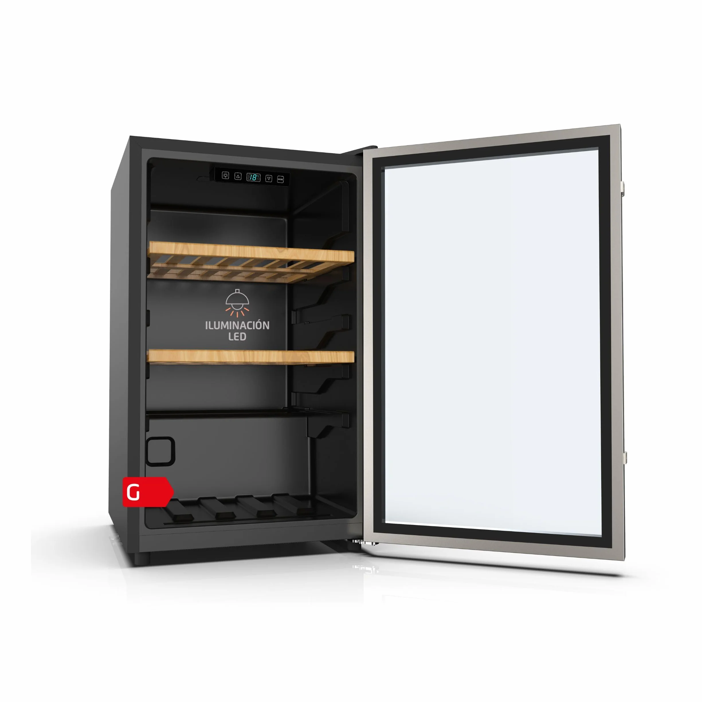 Corberó - Vinoteca CFKWC61SW | 126L | 61 Botellas | Puerta Cristal | Display LED | 2 Estantes Madera | Rango Temperatura 5-20ºC | Nevera para vinos | Negro
