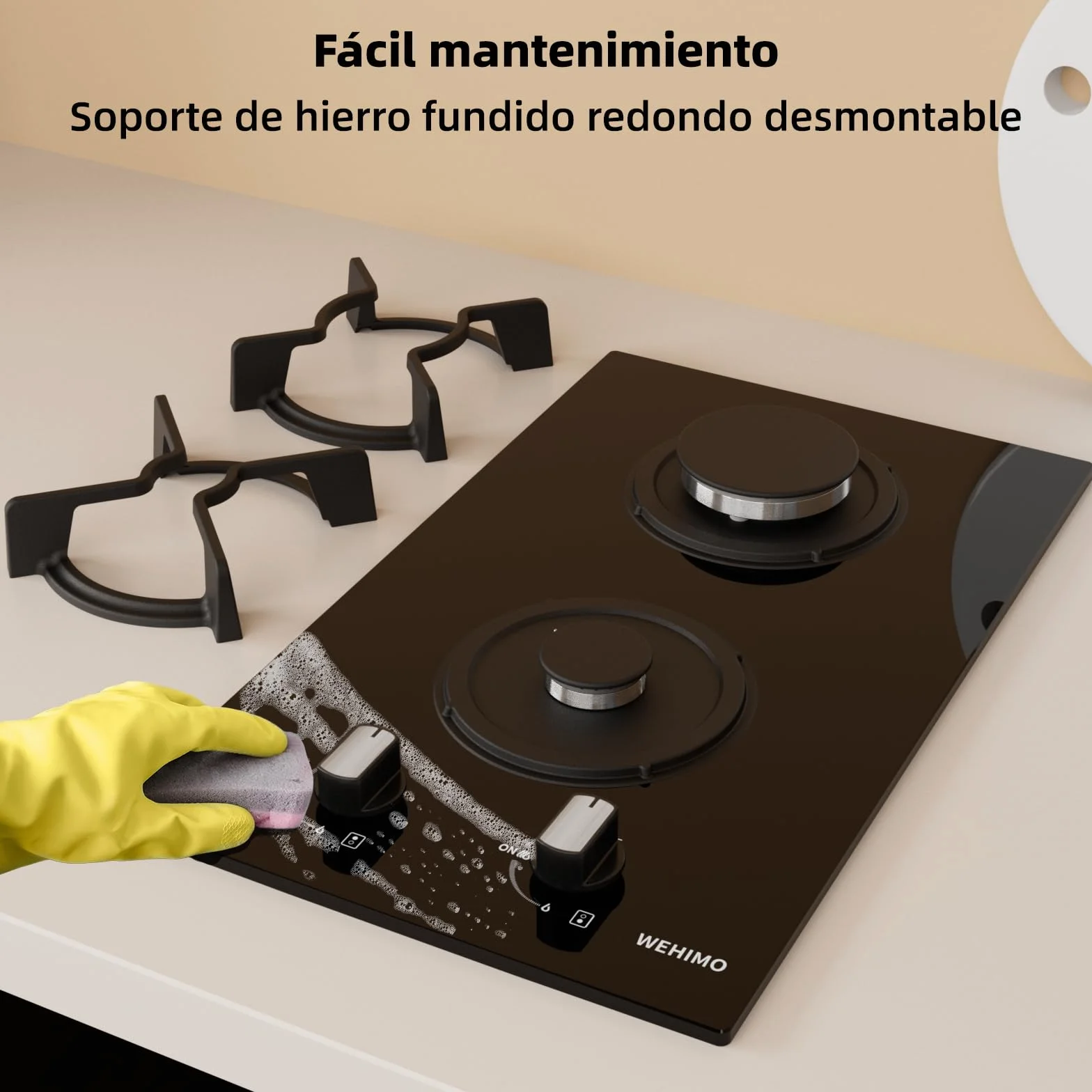 WEHIMO - Placa de cocina de gas de 2 fuegos, 2 fuegos empotrable, rejilla hierro fundido, 3700 W, gas ciudad y botella, cristal negro