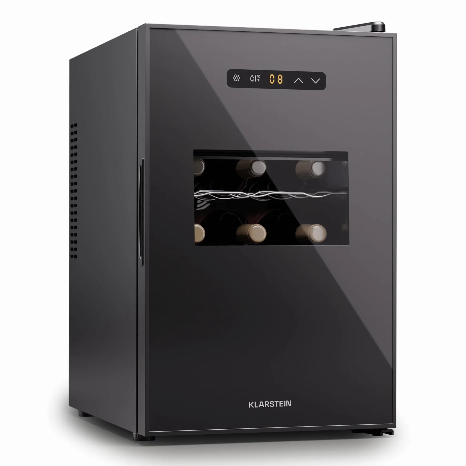 KLARSTEIN Nevera para vino independiente 1 zona, Nevera para bebidas pequeña, Nevera para vino pequeña con puerta de cristal,para botellas interior/exterior, para, 15 botellas