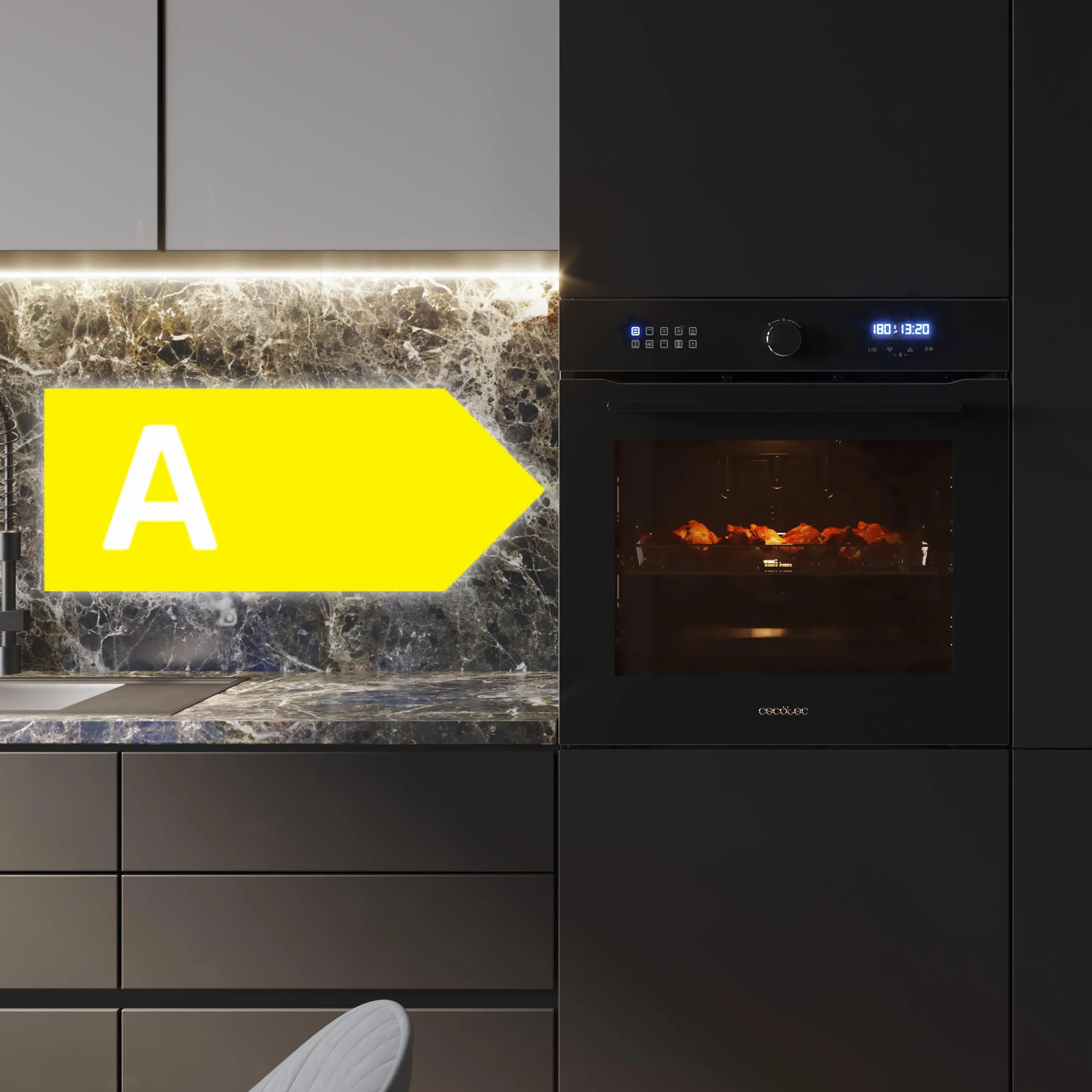 Cecotec Horno Integrable Multifunción 60cm Bolero Hexa AF316000 Glass Black A 3400W, 81L Capacidad, 11 Funciones con Airfryer Master, Pizza Master, Steam Asisst, Steam EasyClean, 3D Cooking, Defrost