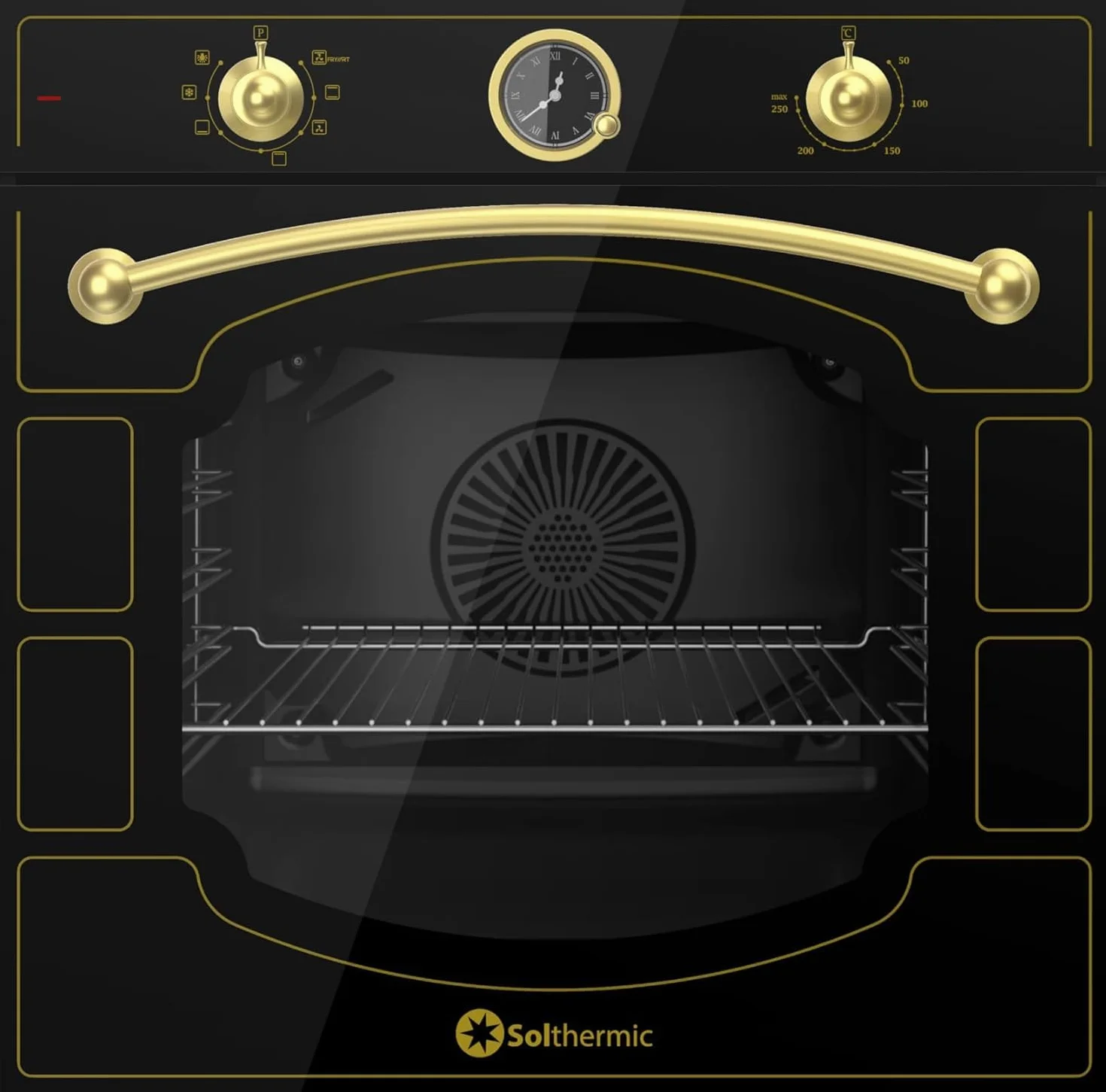 SOLTHERMIC PACK 4 EN 1 NEGRO RUSTICO ACABADOS DORADOS/CAMPANA DECORATIVA H90PR 90 CM, ENCIMERA DE GAS 90 CM BL041, HORNO Y COMBI 20 FCR188N 1,88 CM alto x 55 de ancho y 220L