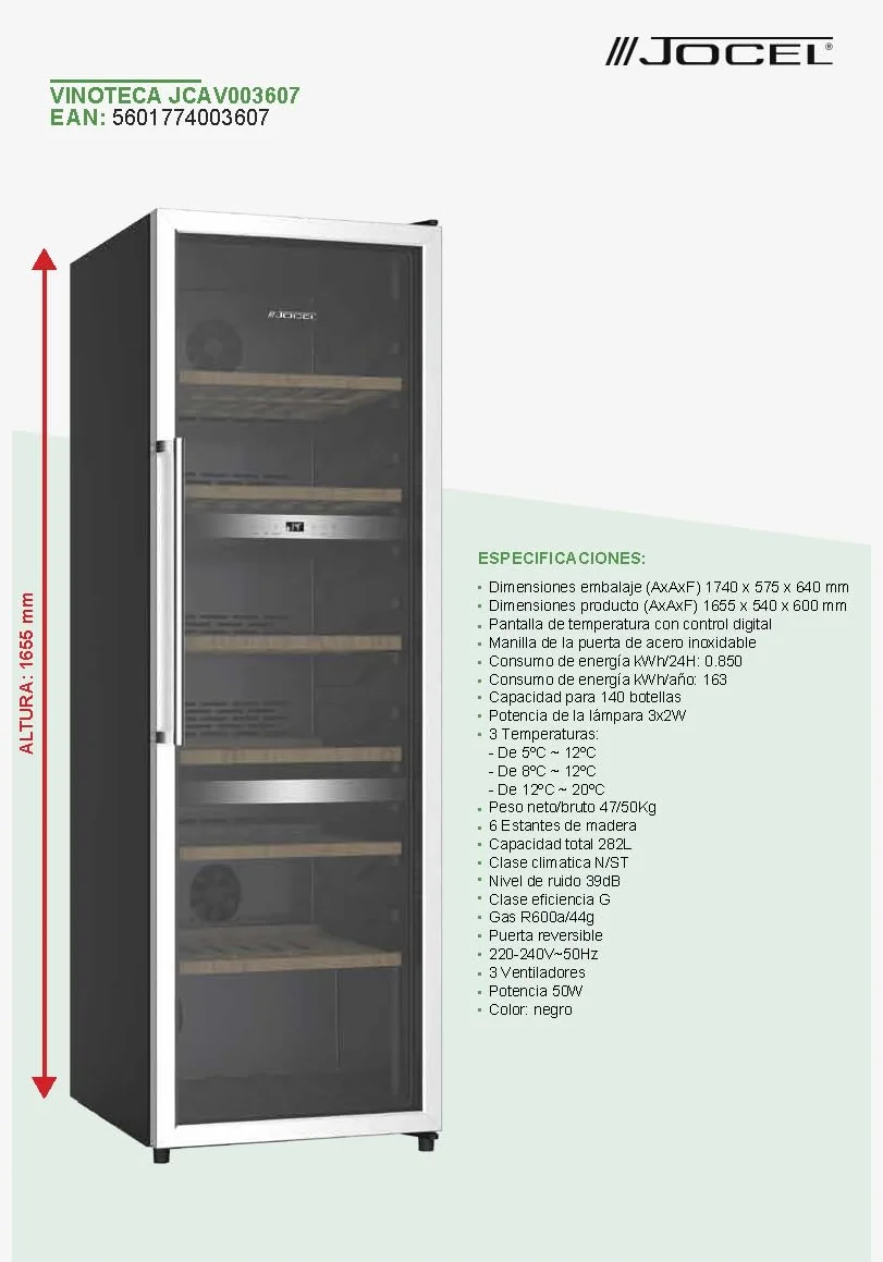 Jocel Vinotega JCAV003607, 282 Litros, Capacidad para 140 botellas, Clase eficiencia G, Color negro