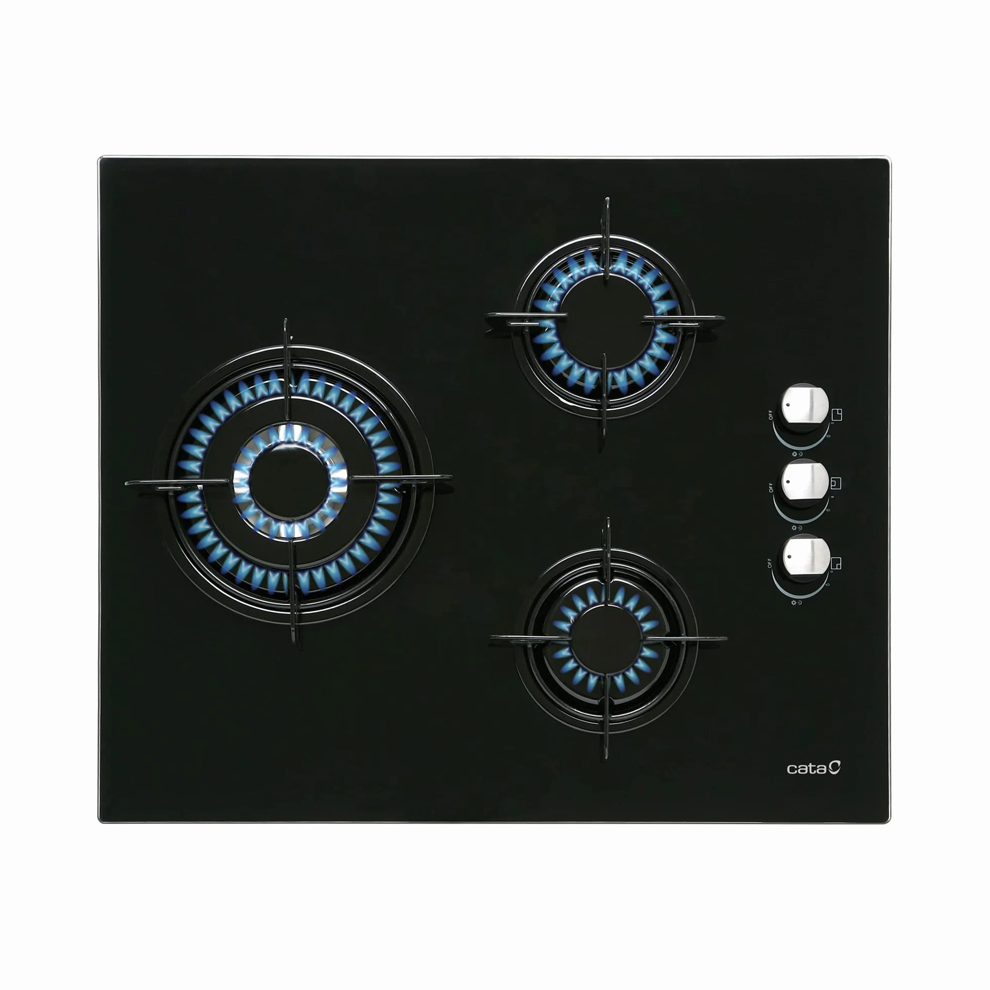 Cata Placa Cristal Gas CIB 6021 BK 3 Fuegos 59 cm Encimera Gas Butano Cristal Negro