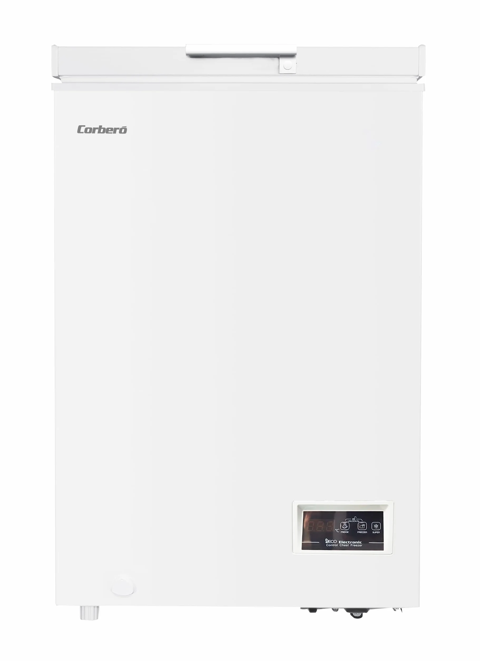 Corberó - Congelador Arcón 98L CCHH10023E | Control Electrónico con Display | Luces LED | 1 Cesta Interior | Ruedas y Patas Ajustables | 40 Db | Eficiencia Energética F, Blanco